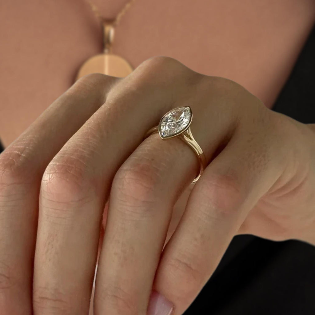 2 Carat Marquise Lab Created Diamond Bezel Set Ring / 14K Gold Split Shank Engagement Ring