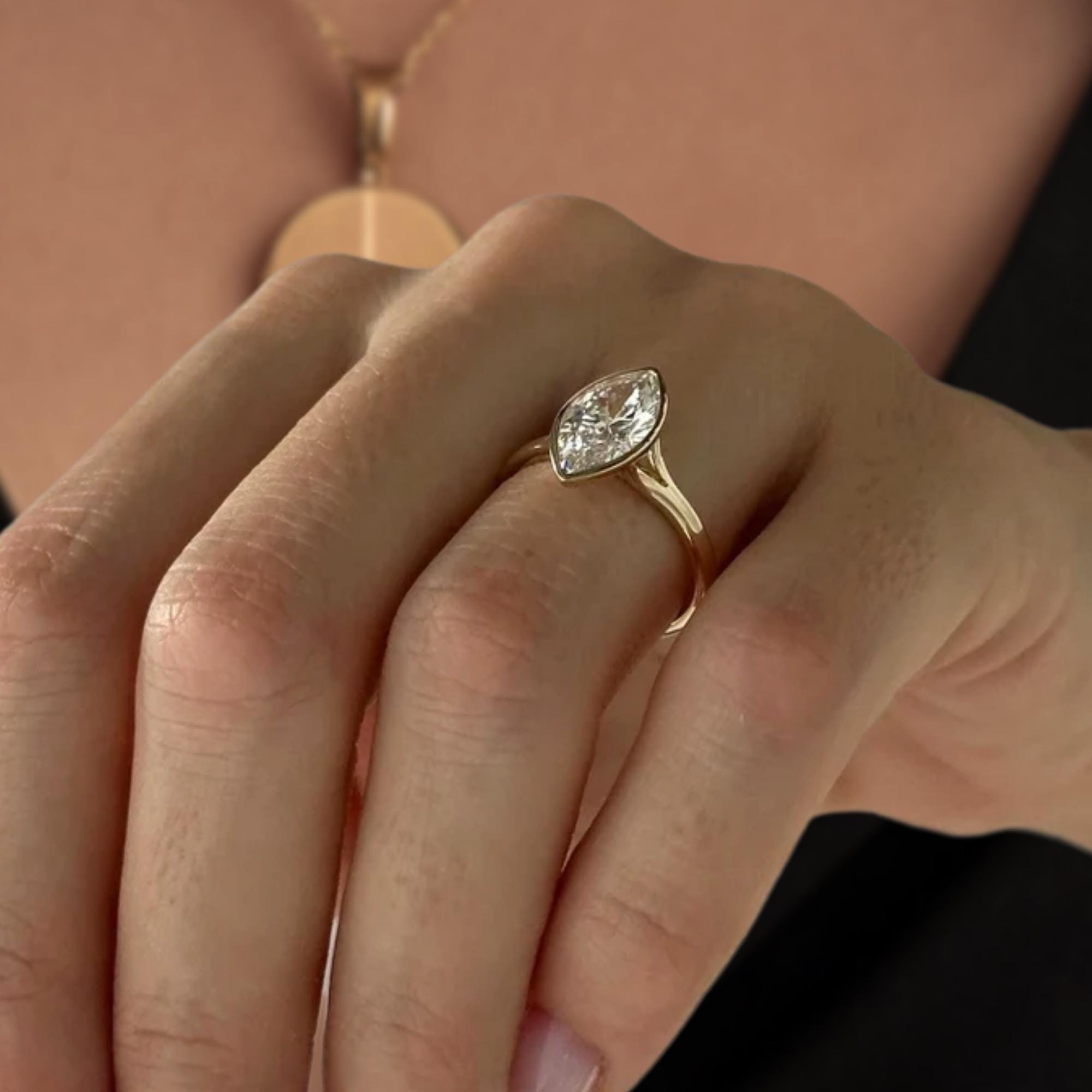 2 Carat Marquise Lab Created Diamond Bezel Set Ring / 14K Gold Split Shank Engagement Ring