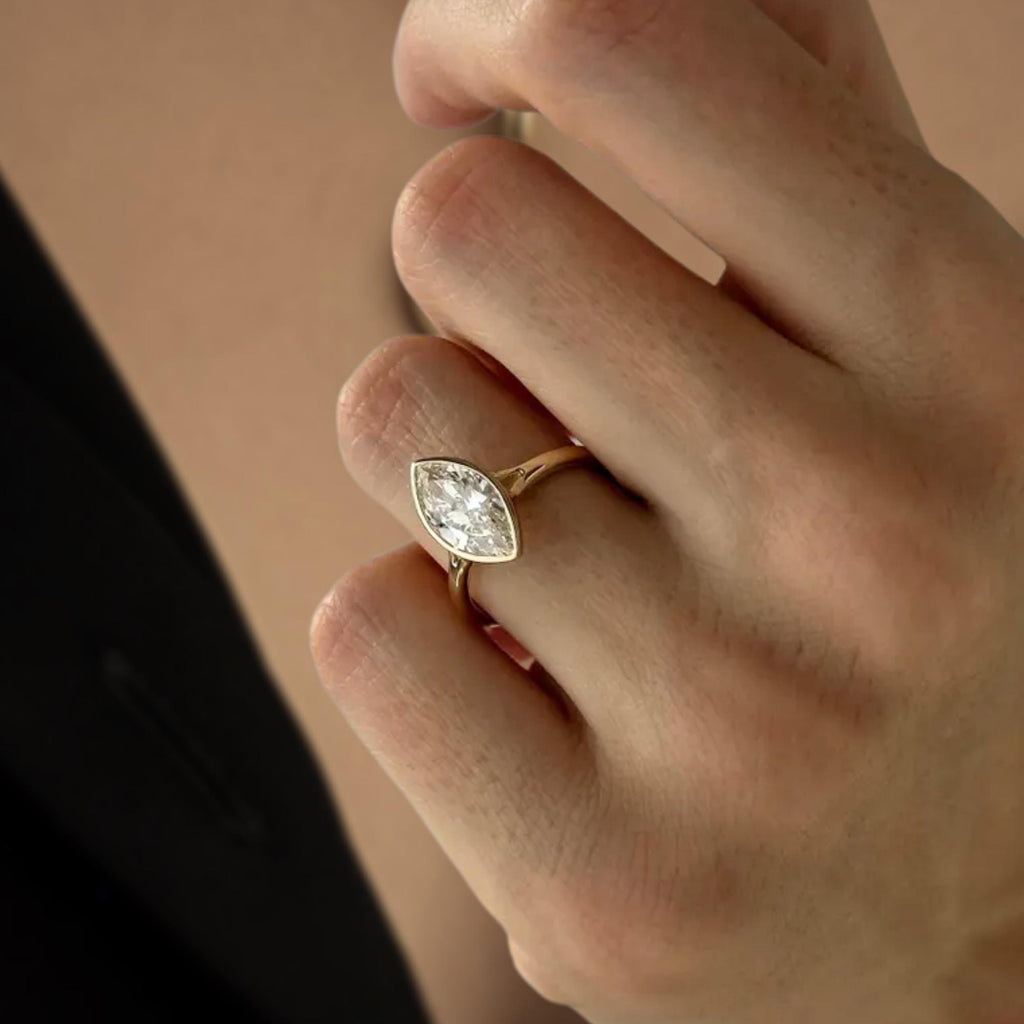 2 Carat Marquise Lab Created Diamond Bezel Set Ring / 14K Gold Split Shank Engagement Ring