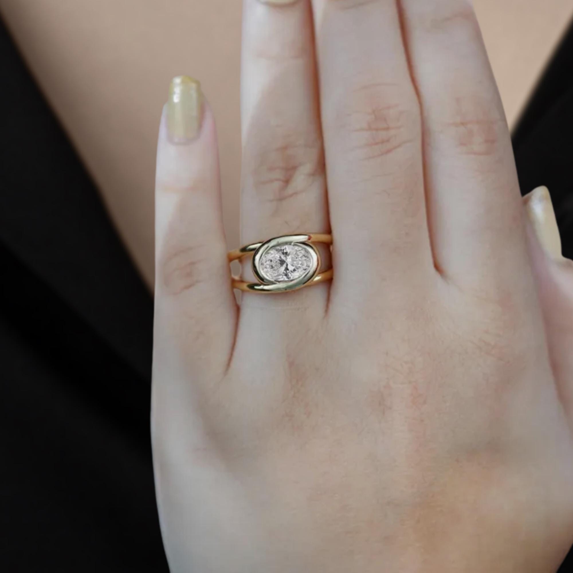 Oval Lab Grown Diamond Bezel Set Solitaire Ring / 14K Gold Unique Oval Diamond Ring