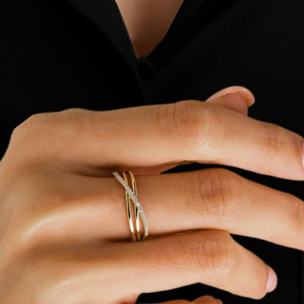 Crossover Round Lab Diamond Wedding Ring 14K Solid Yellow Gold Criss Cross Engagement Ring