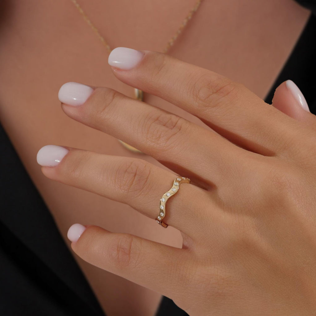 Stacking Gold Ring, 14k Solid Gold Wave Ring, Curved Stacking lab diamond Gold Band, Minimalist Wavy Ring, Modern Fine Jewelry Gift for Her