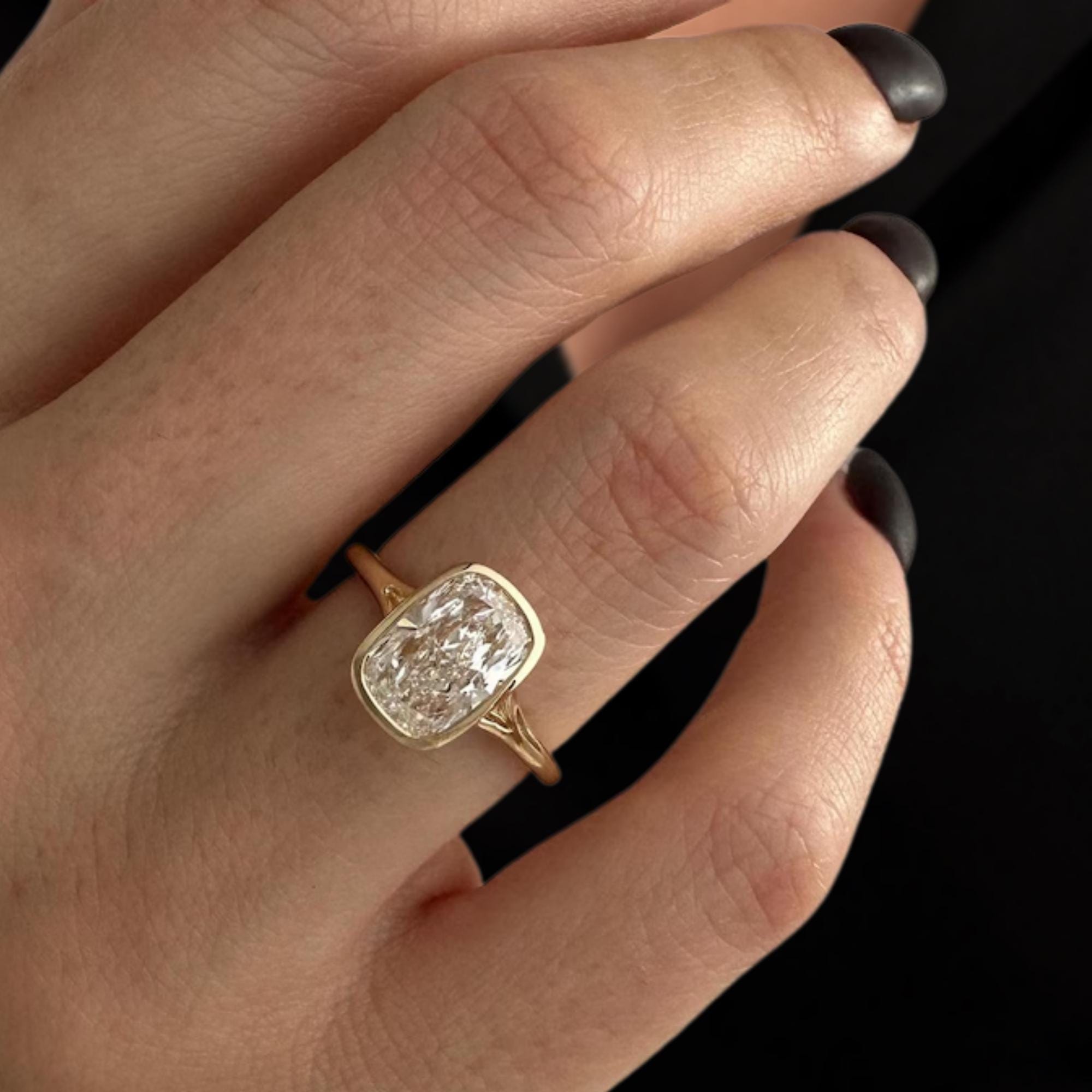 2 Carat Elongated Cushion Lab Created Diamond Bezel Set Engagement Ring