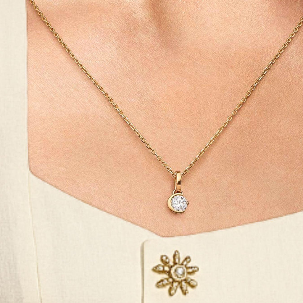 14K Gold Solitaire Pendant Crescent Moon Diamond Charm