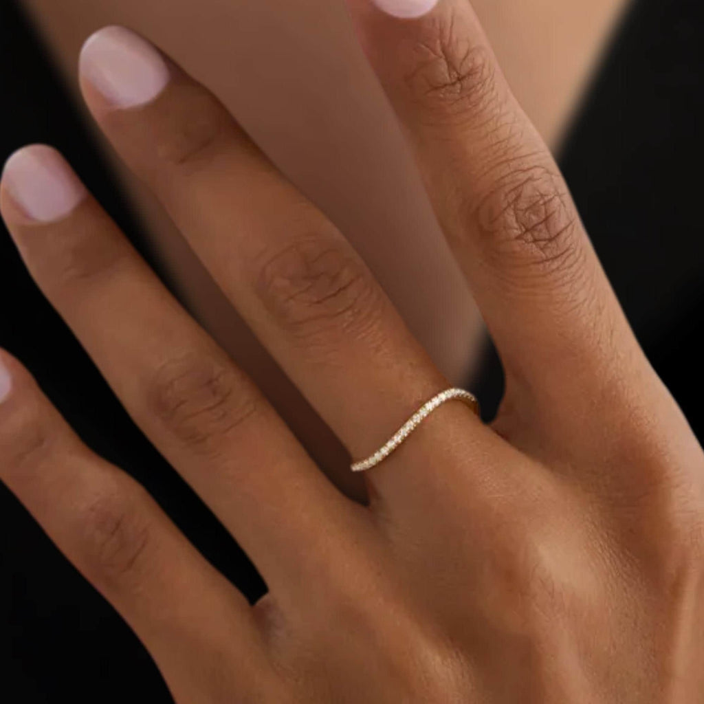 14K Solid Gold Lab Grown Diamond Wedding Band, Minimalist Curve Half Eternity Ring