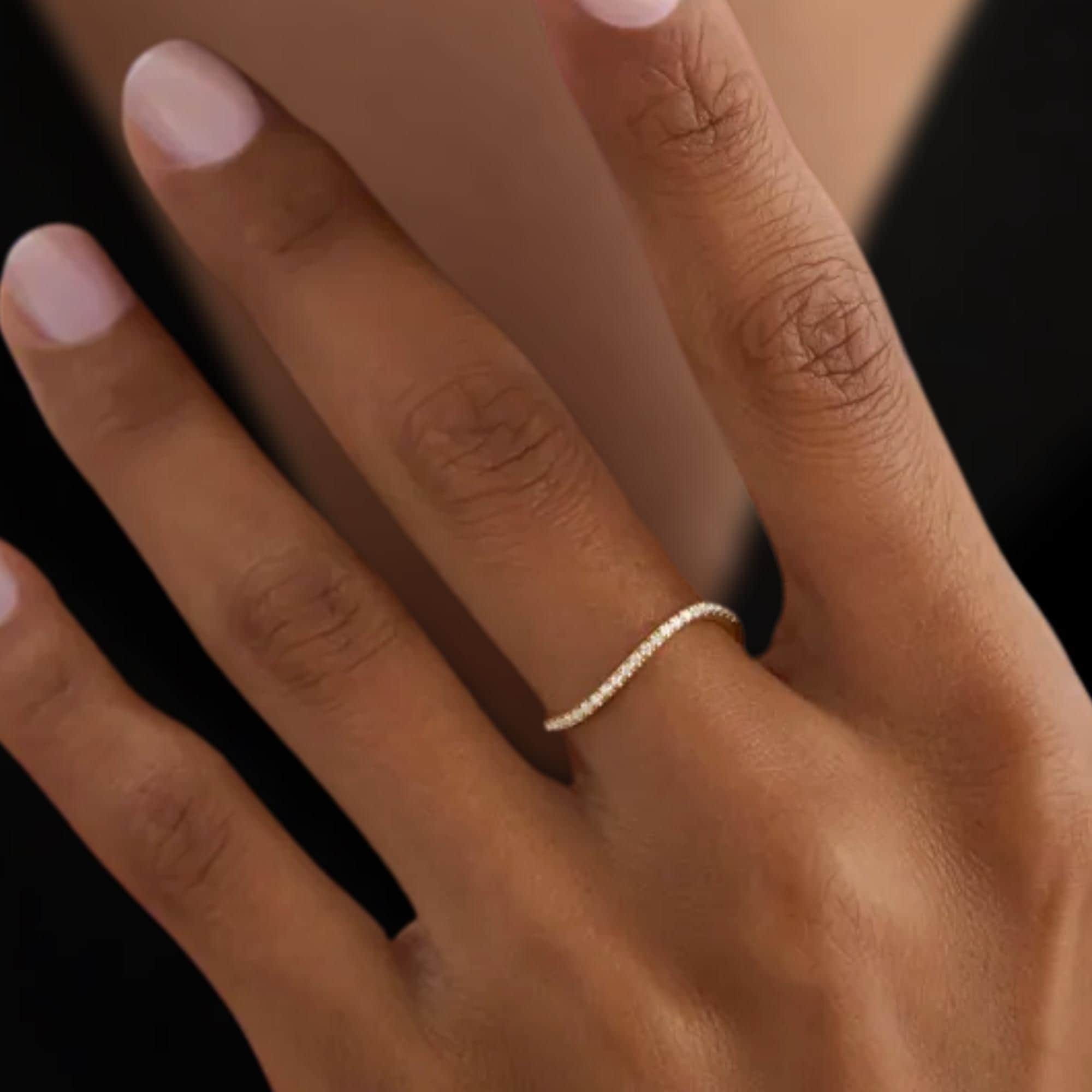 14K Solid Gold Lab Grown Diamond Wedding Band, Minimalist Curve Half Eternity Ring