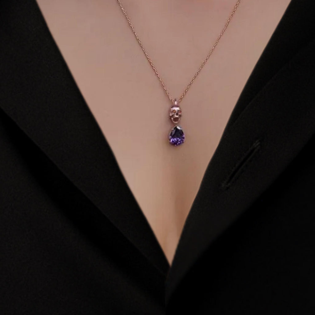 Memento Mori Birthstone Necklace, 14K Gold Skull, Minimalist Skull Necklace