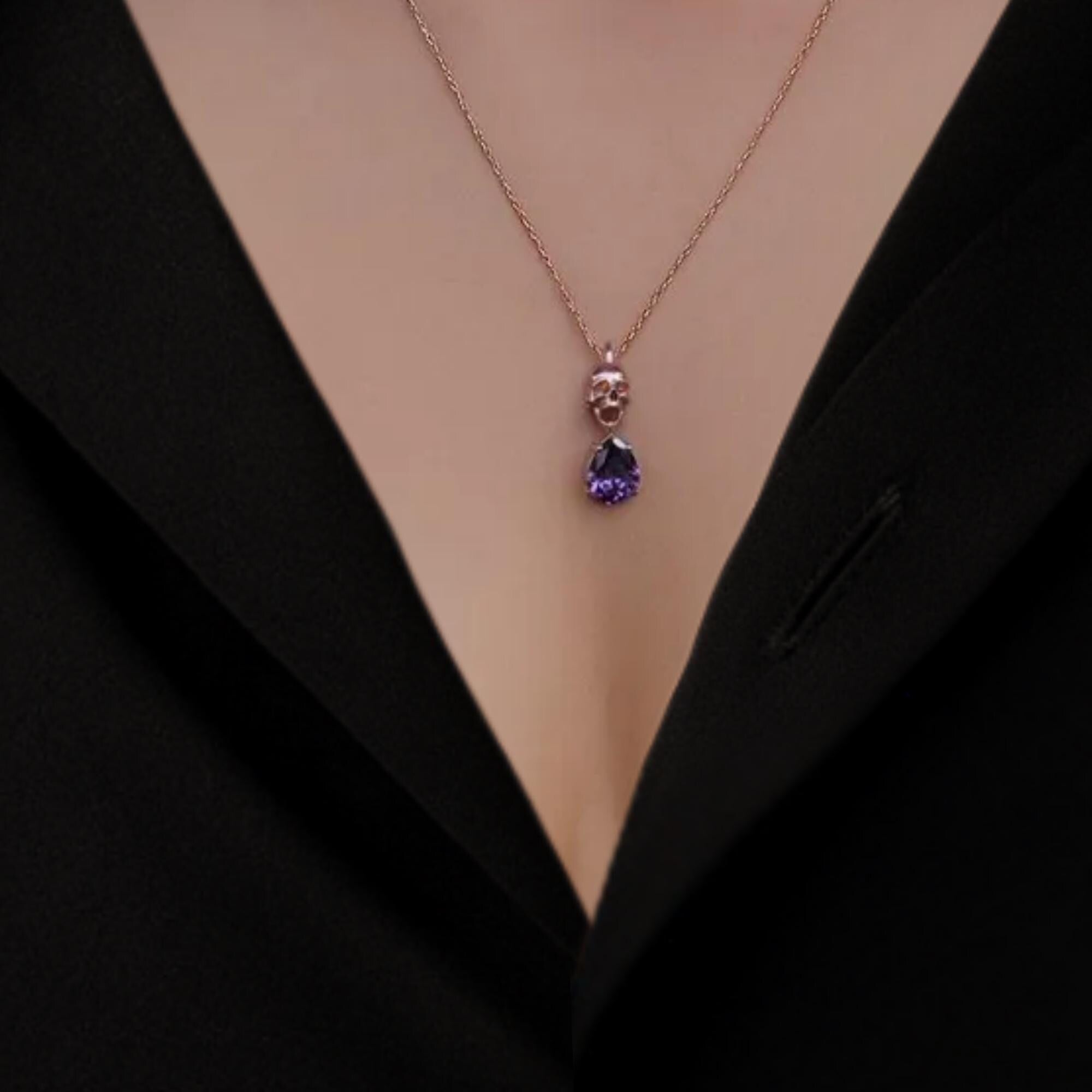 Memento Mori Birthstone Necklace, 14K Gold Skull, Minimalist Skull Necklace