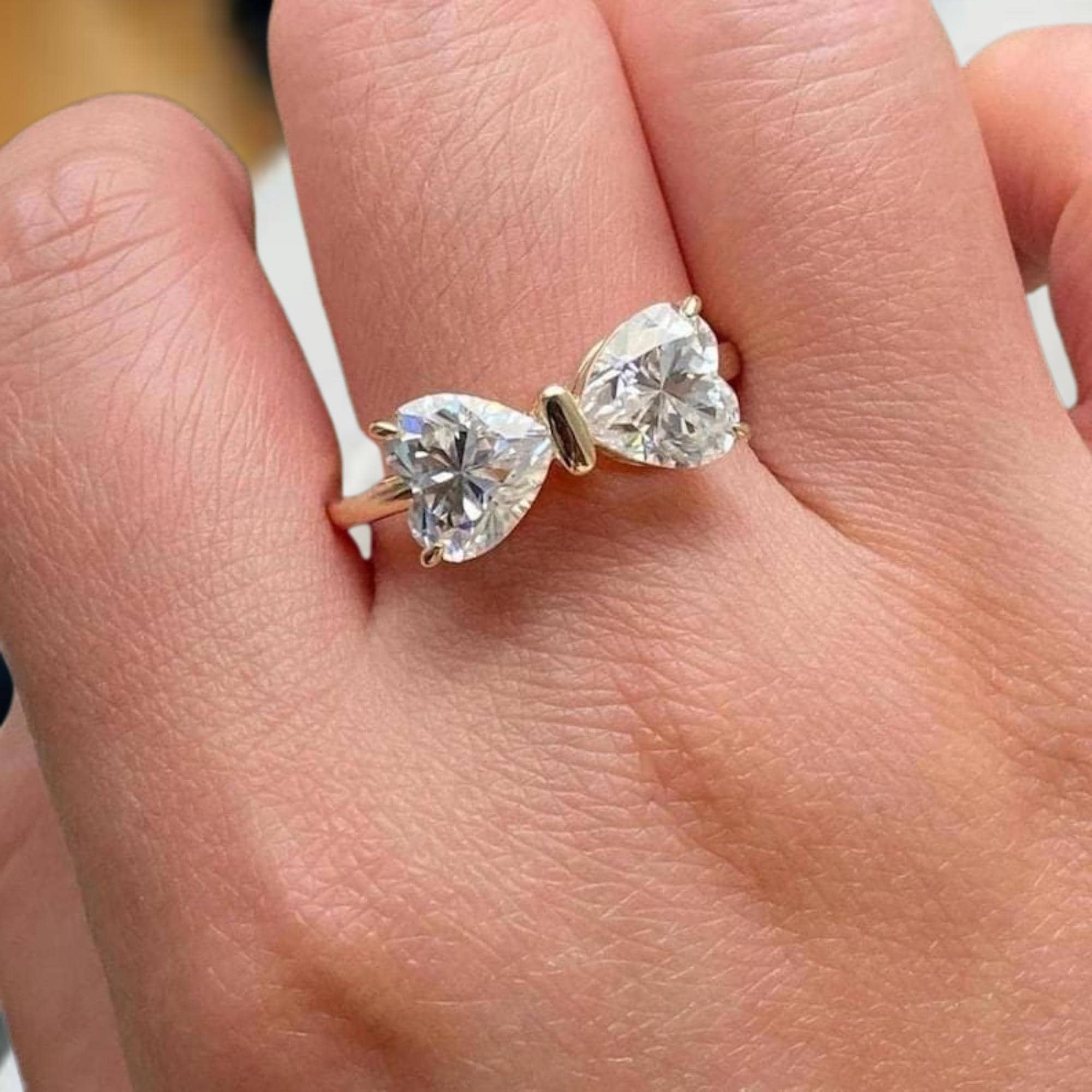 Amazing Bow Diamond Ring, Lab Heart Diamond Engagement Ring In 14K Yellow Gold Band