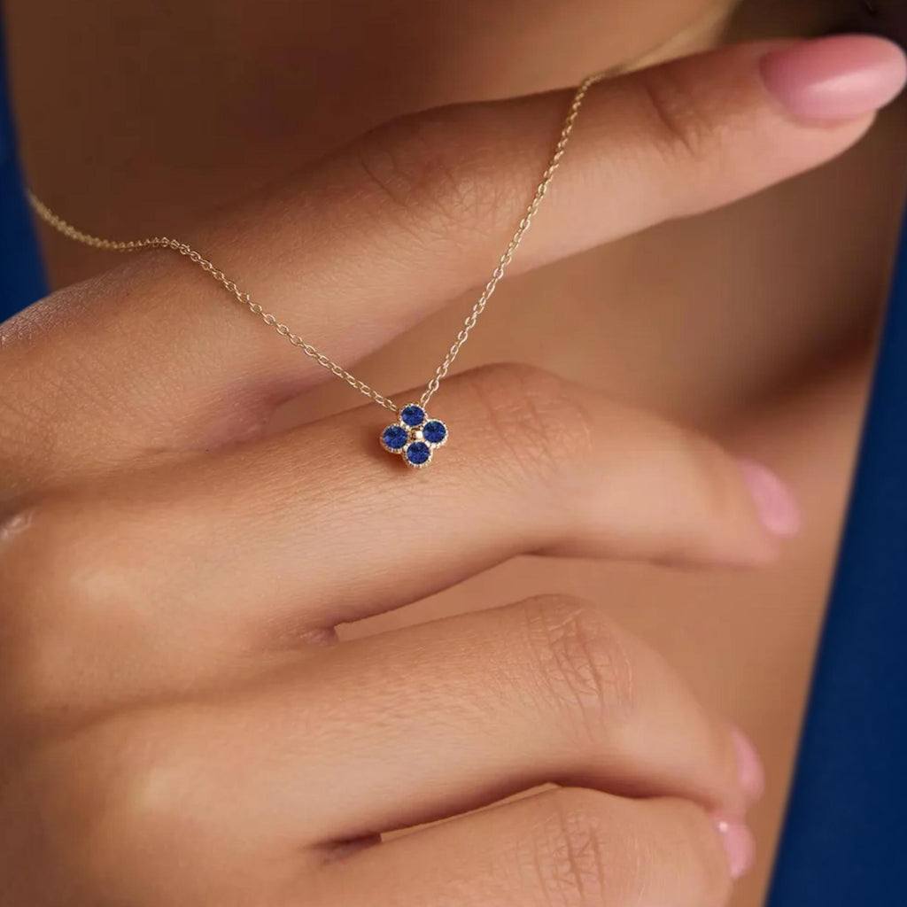14K Solid Gold 0.18 ctw Sapphire Flower Pendant Necklace