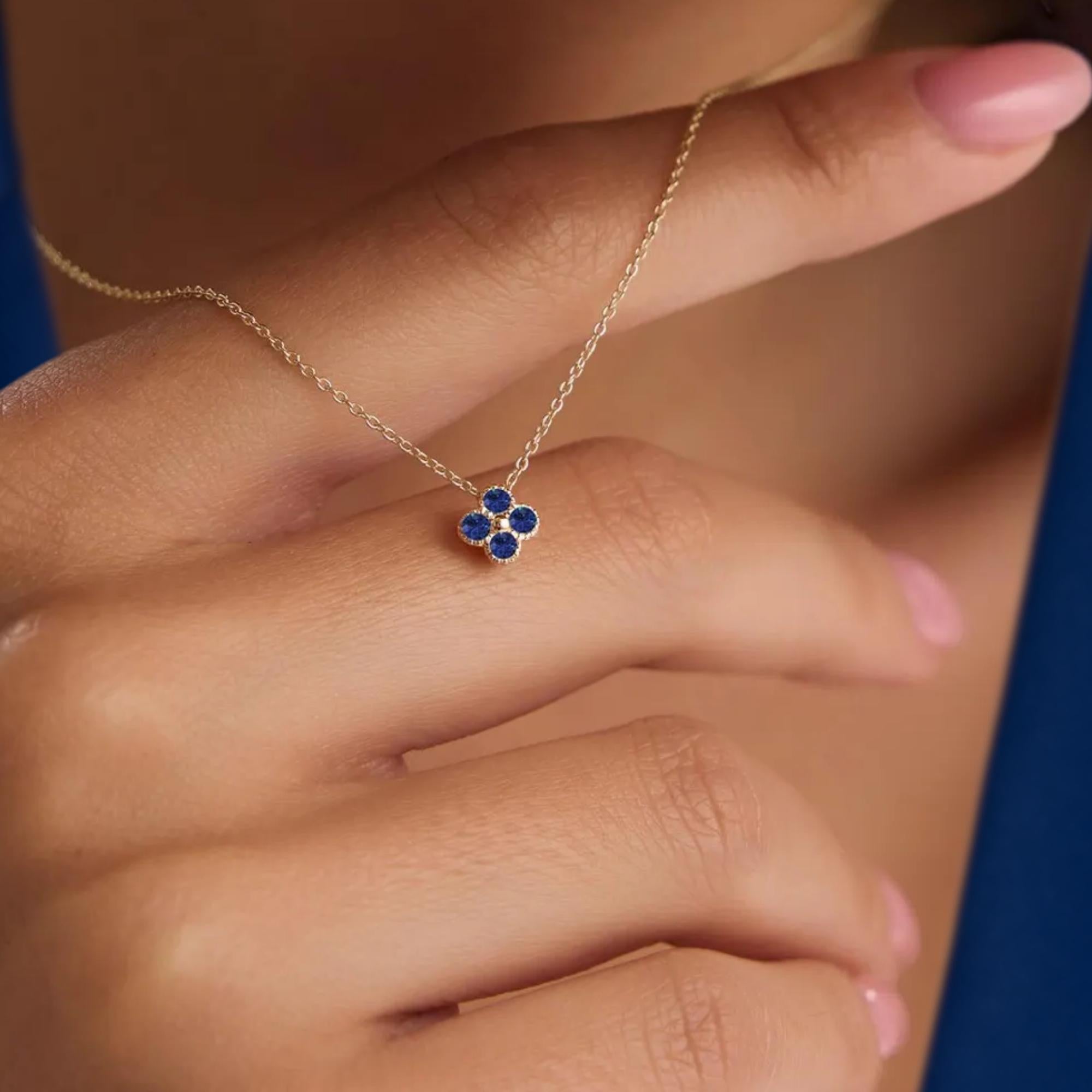 14K Solid Gold 0.18 ctw Sapphire Flower Pendant Necklace