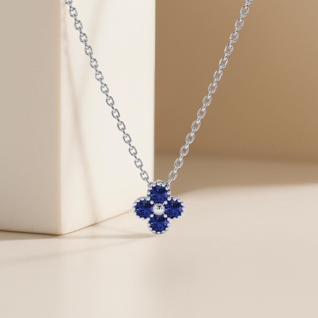 14K Solid Gold 0.18 ctw Sapphire Flower Pendant Necklace
