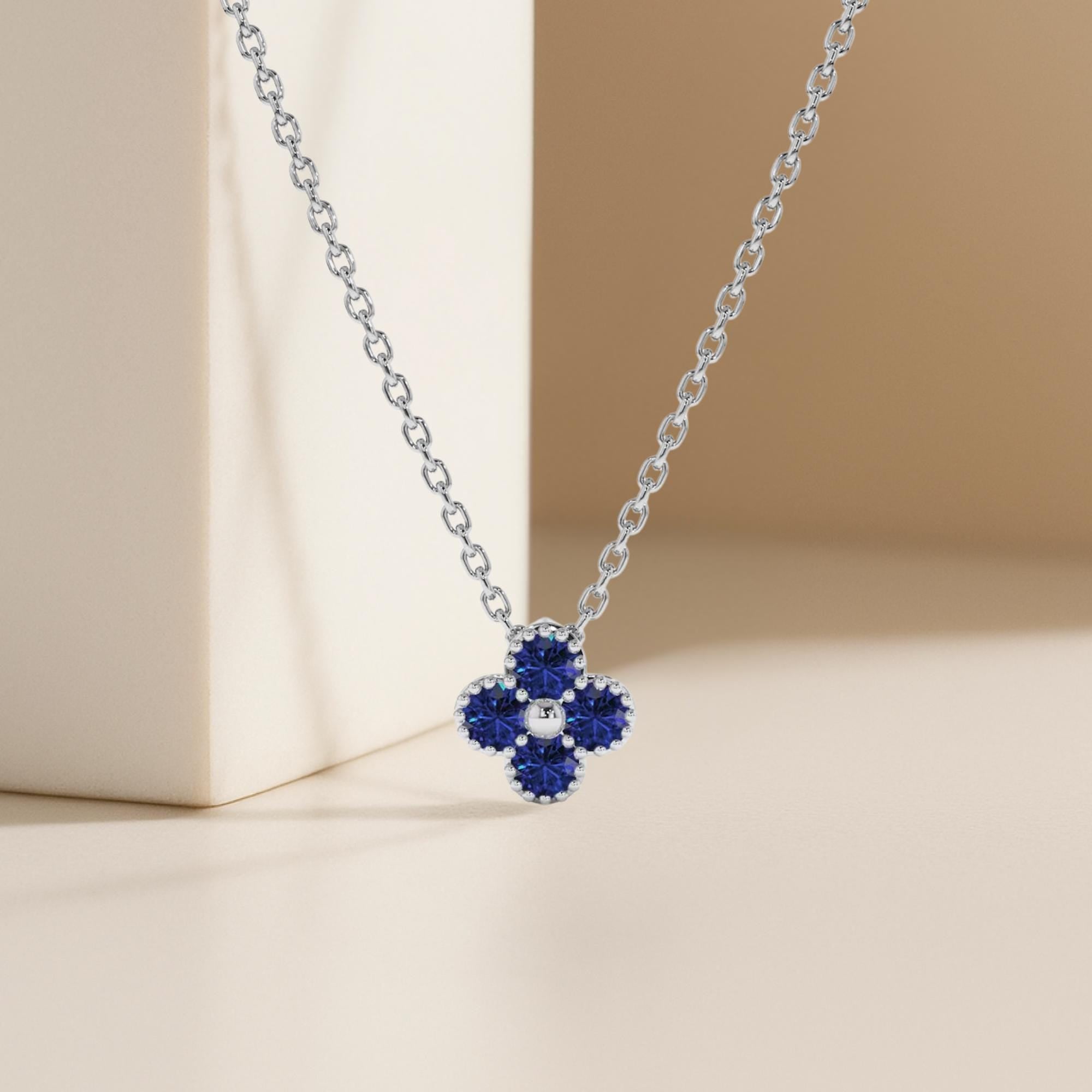 14K Solid Gold 0.18 ctw Sapphire Flower Pendant Necklace