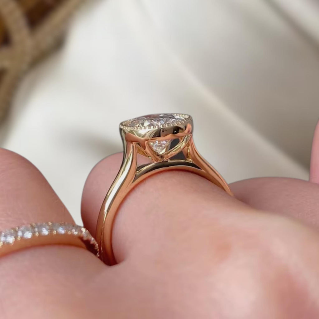Oval Cut Lab Grown Diamond Engagement Ring | 14K Solid Gold Bezel Set Milgrain Band Wedding Anniversary Solitaire Ring For Women