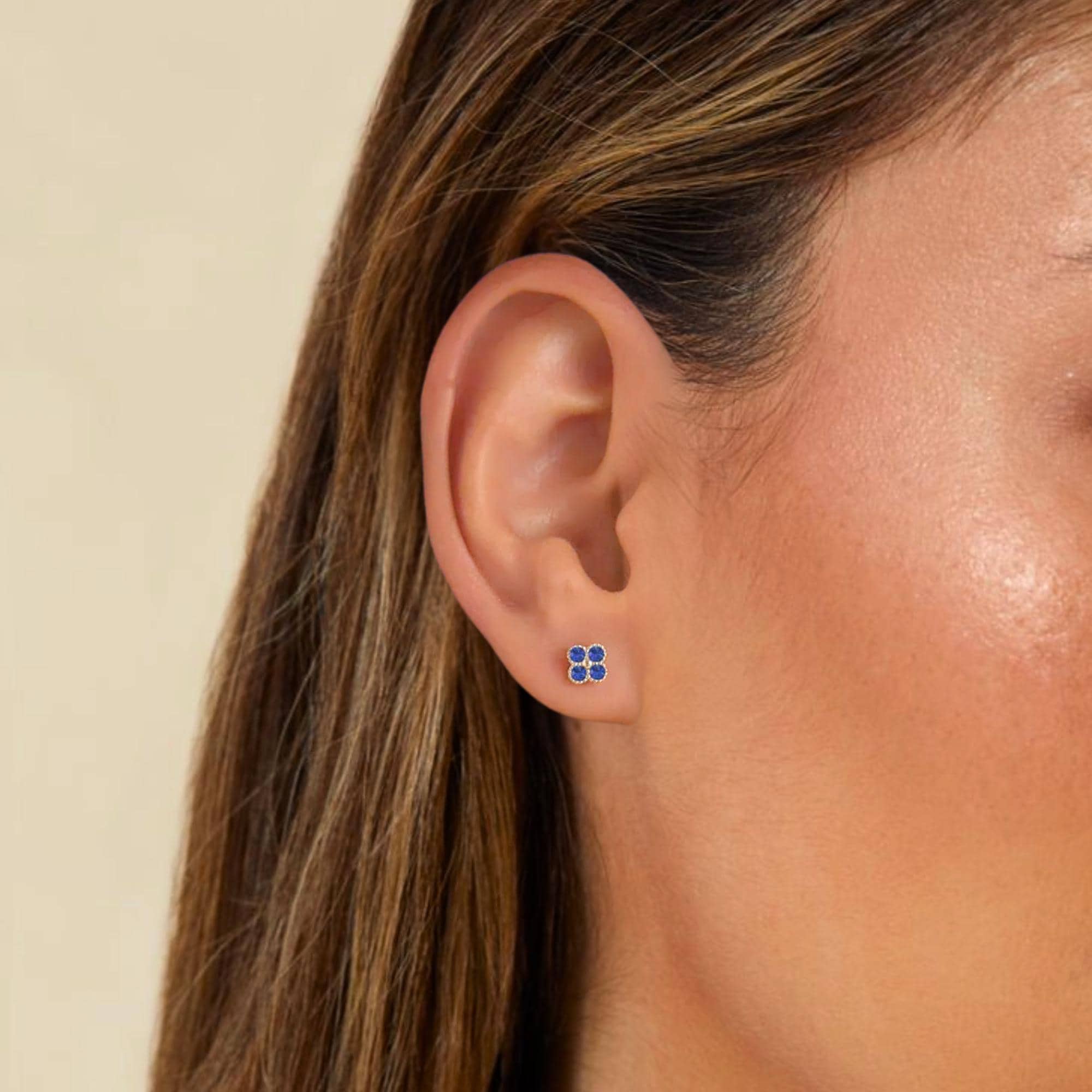 14K Solid Gold Dainty Sapphire Flower Clover Stud Earrings