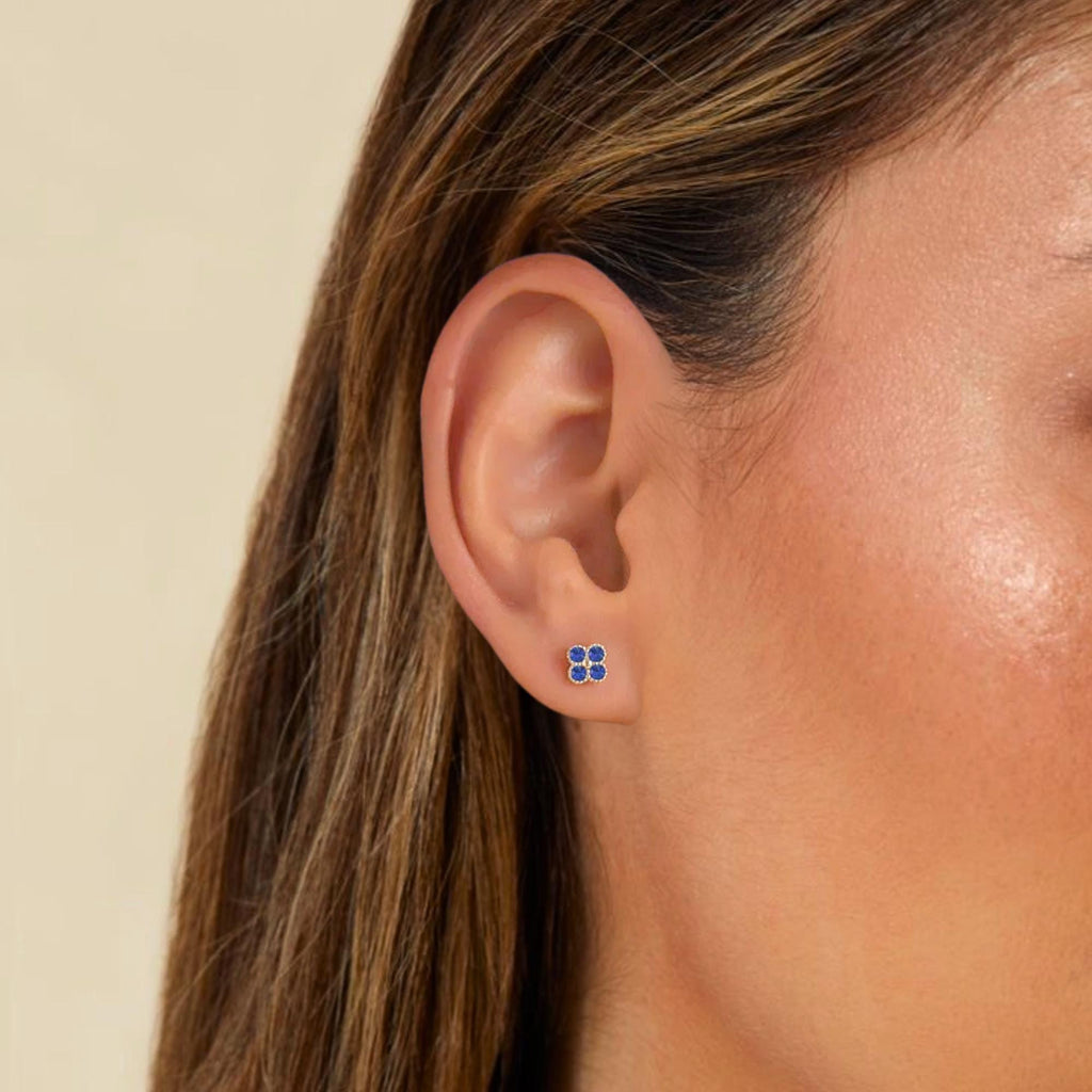 14K Solid Gold Dainty Sapphire Flower Clover Stud Earrings
