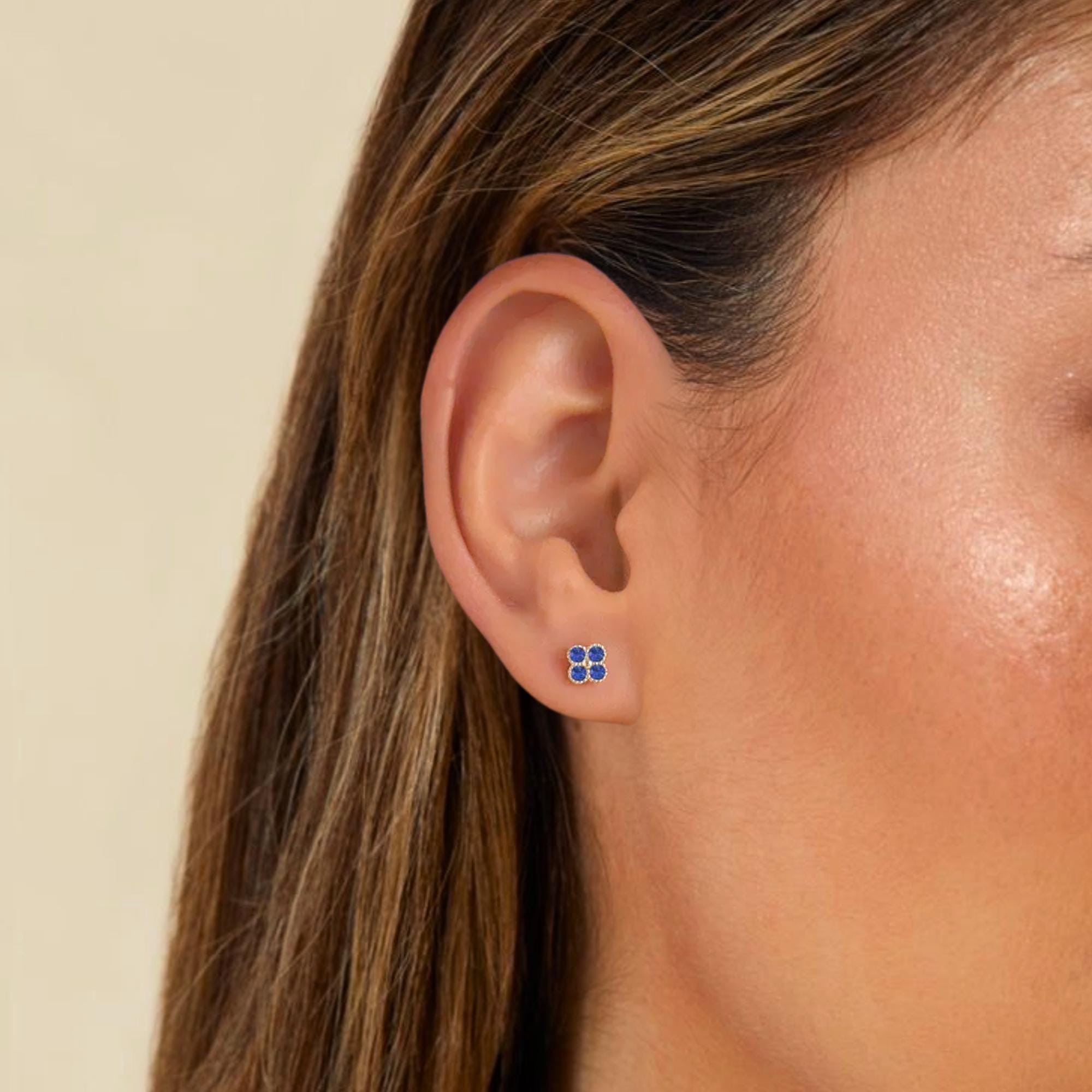 14K Solid Gold Dainty Sapphire Flower Clover Stud Earrings