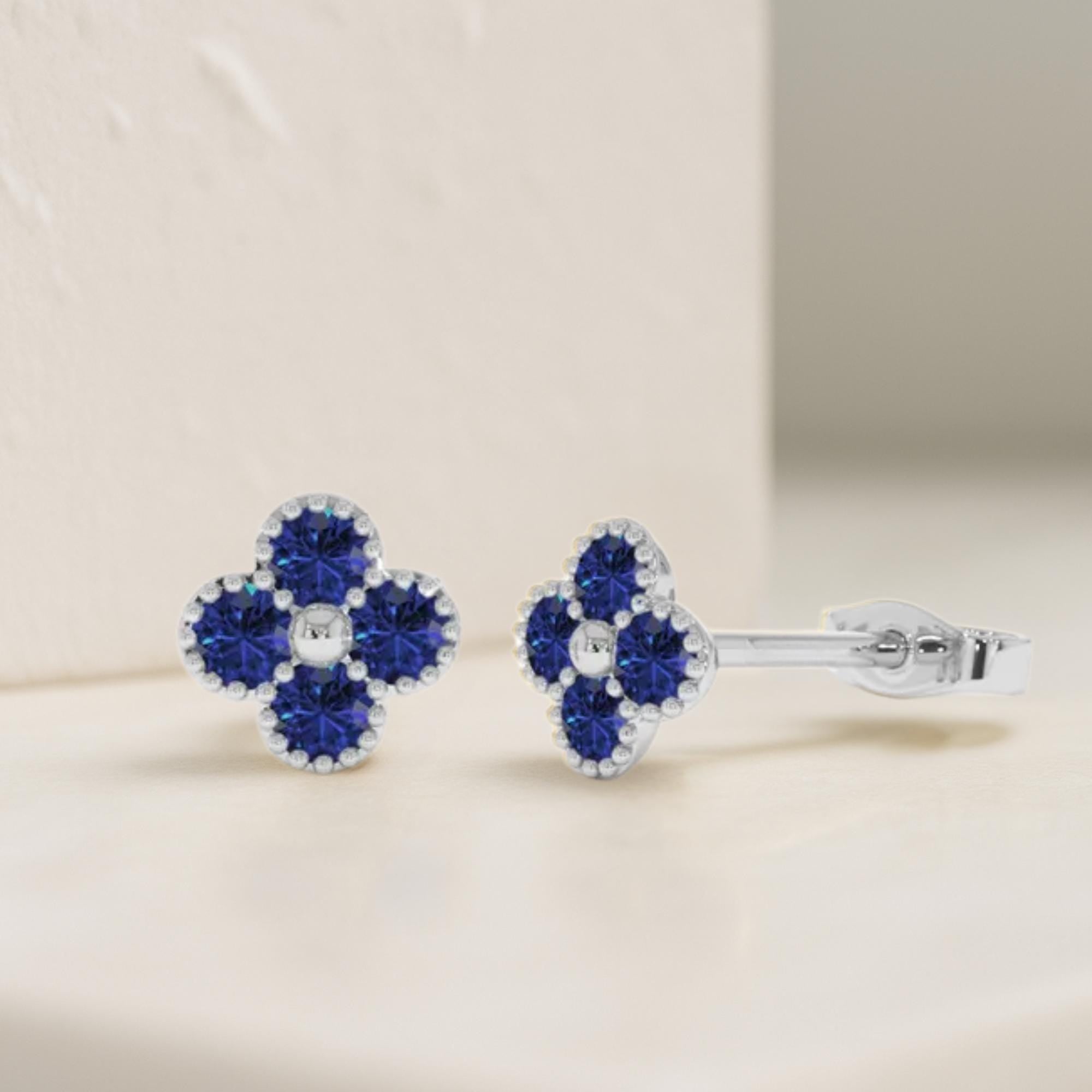 14K Solid Gold Dainty Sapphire Flower Clover Stud Earrings