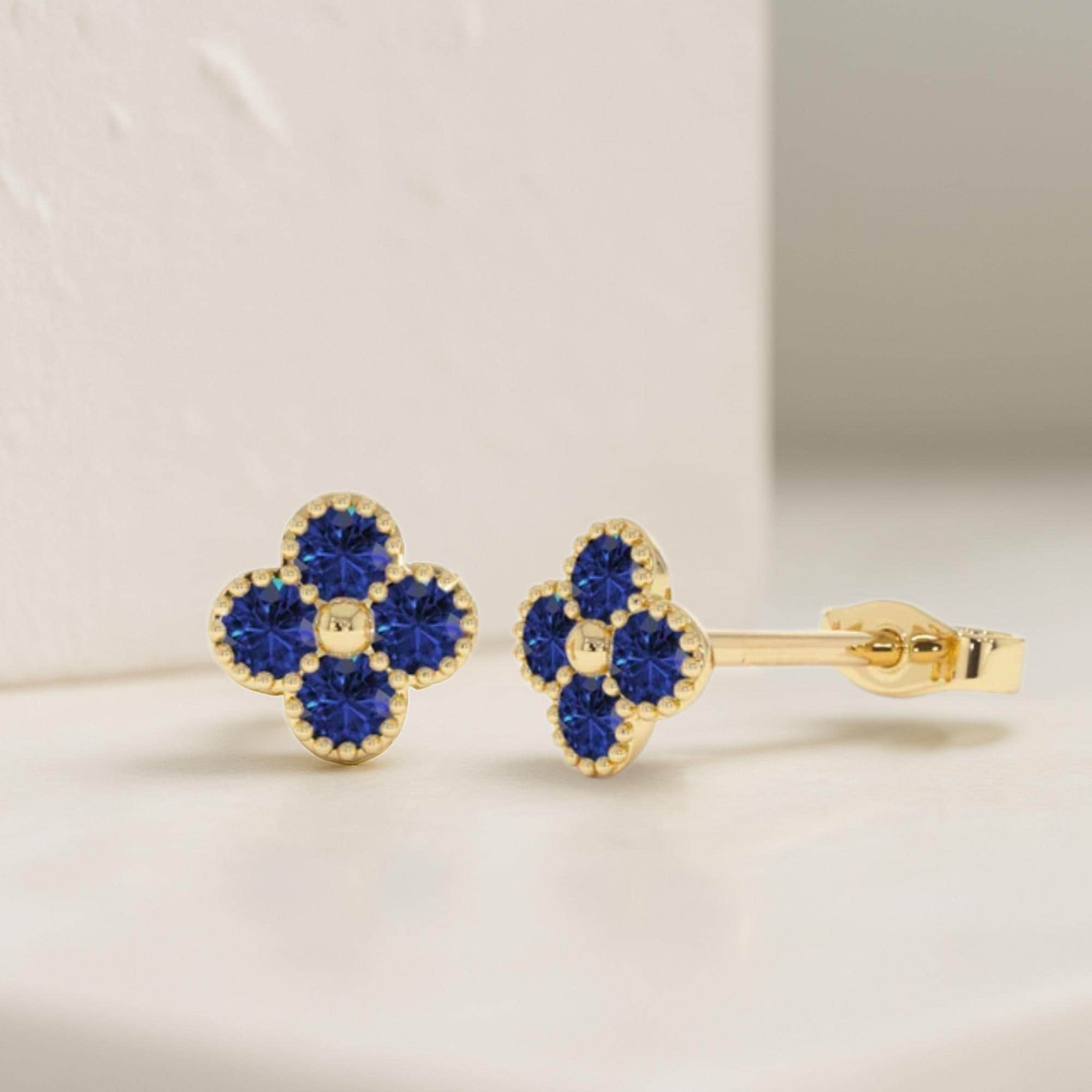 14K Solid Gold Dainty Sapphire Flower Clover Stud Earrings