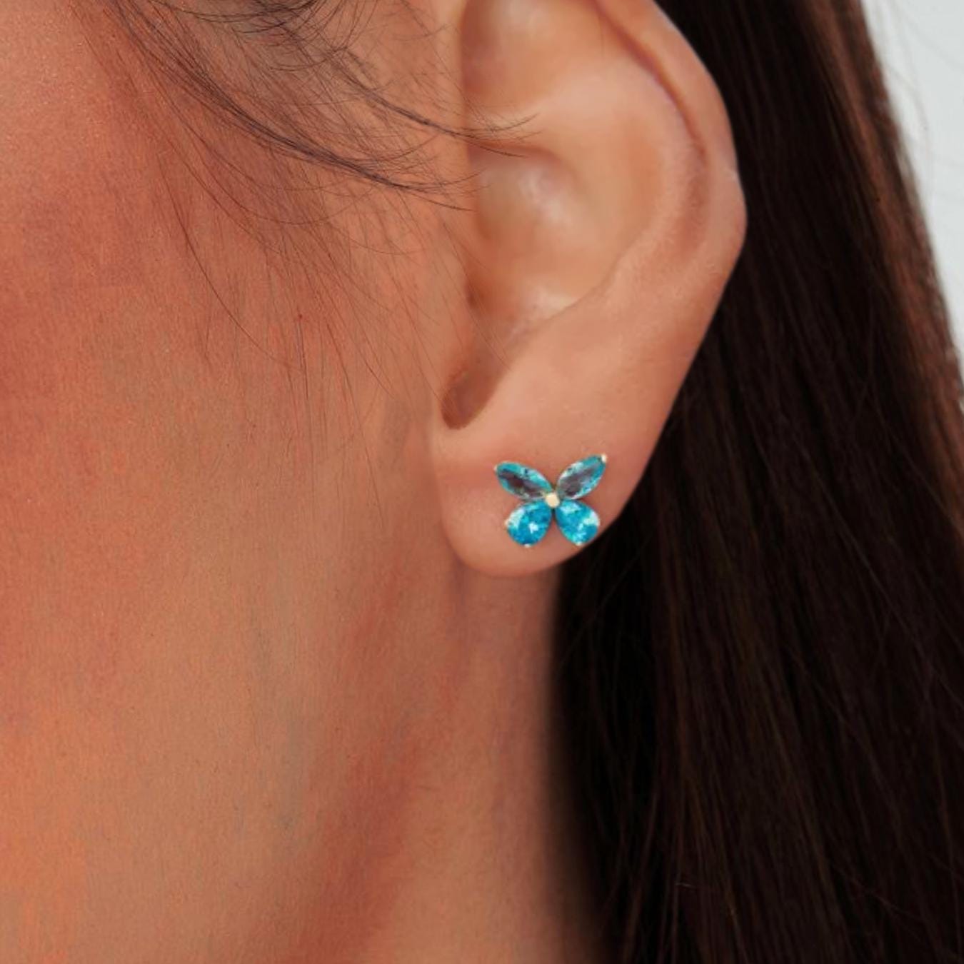 London Blue Topaz Butterfly Earrings, 14K Gold 1.75 ctw Marquise & Pear Shape Dainty Birthstone Earrings