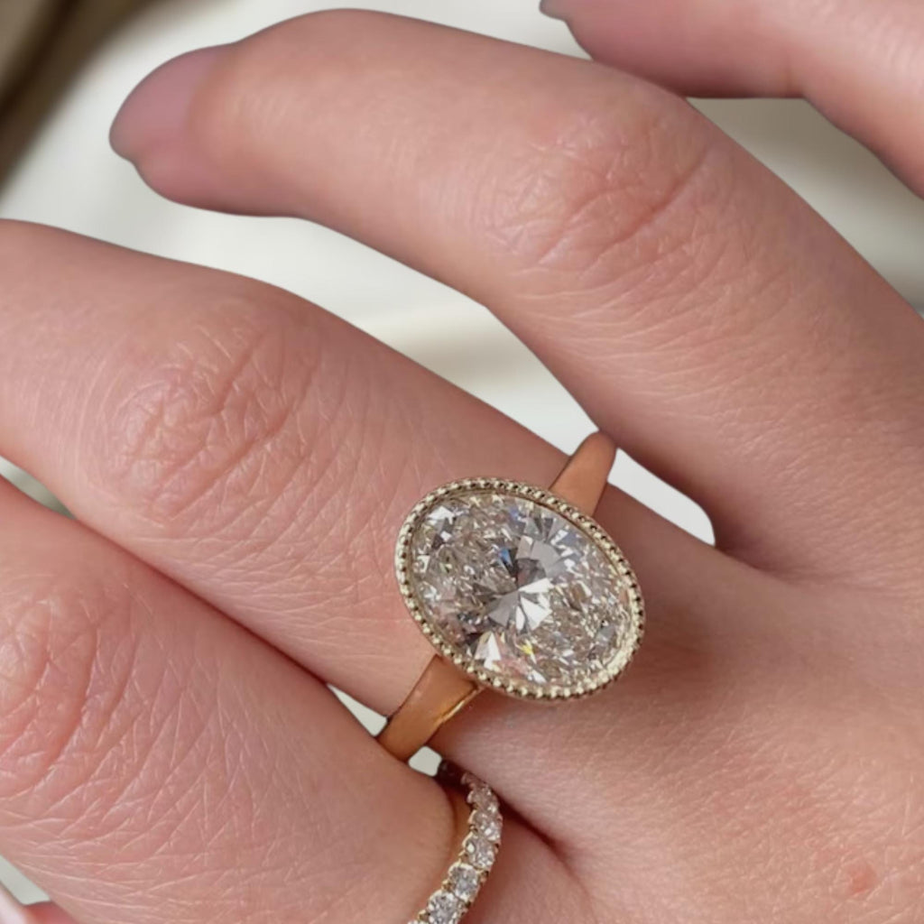 Oval Cut Lab Grown Diamond Engagement Ring | 14K Solid Gold Bezel Set Milgrain Band Wedding Anniversary Solitaire Ring For Women
