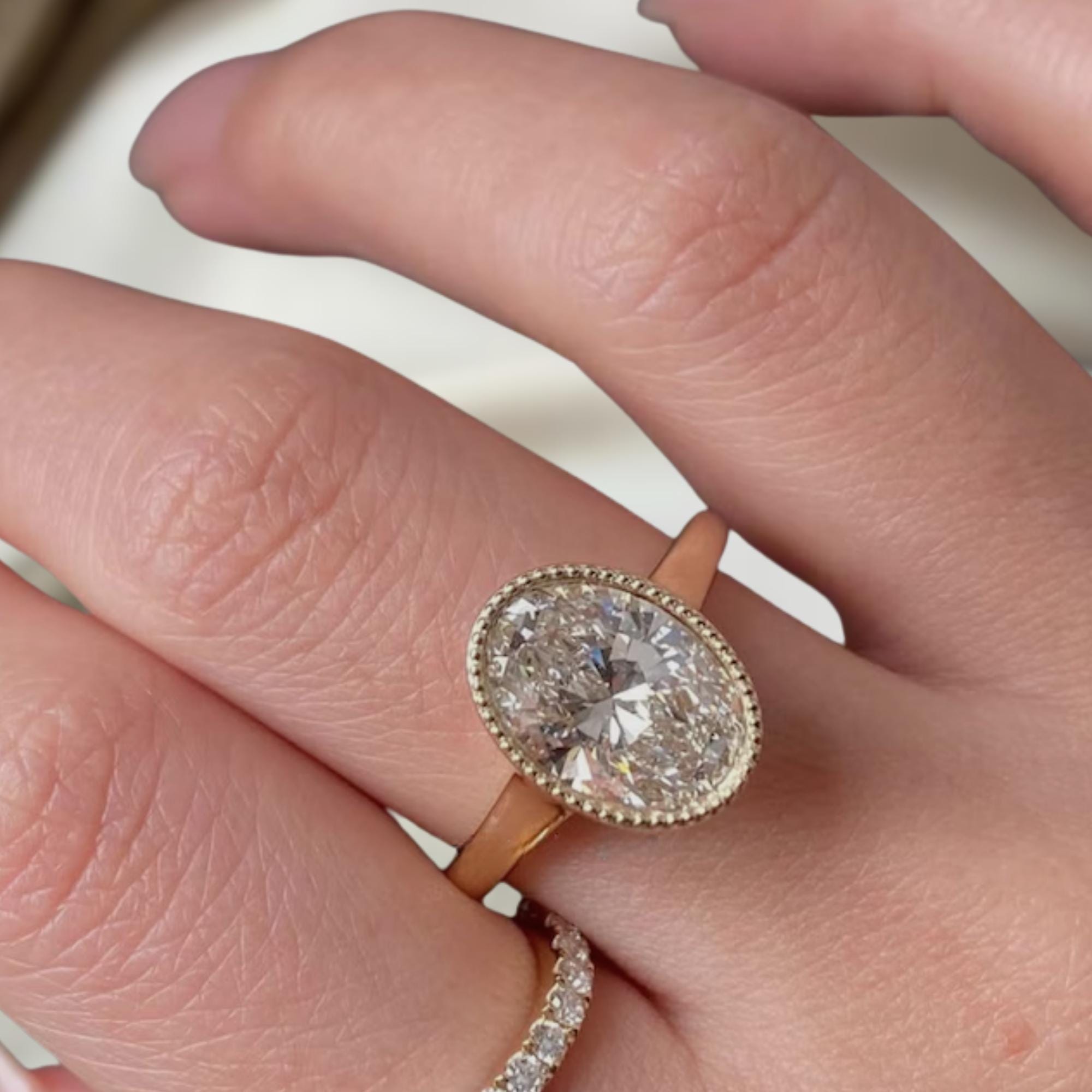 Oval Cut Lab Grown Diamond Engagement Ring | 14K Solid Gold Bezel Set Milgrain Band Wedding Anniversary Solitaire Ring For Women
