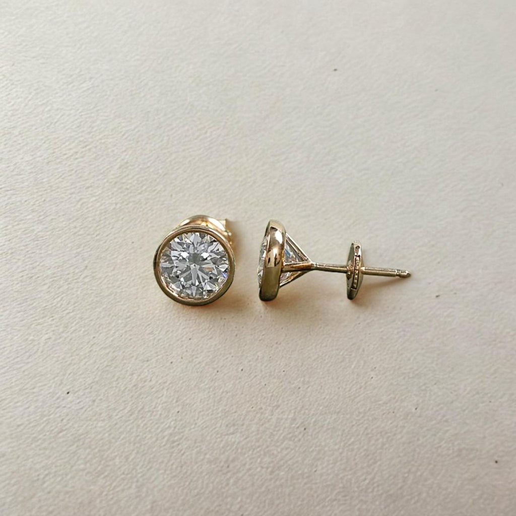 Round Cut Lab Diamond Stud Earrings / 14K Yellow Gold Bezel Set Women's Earrings