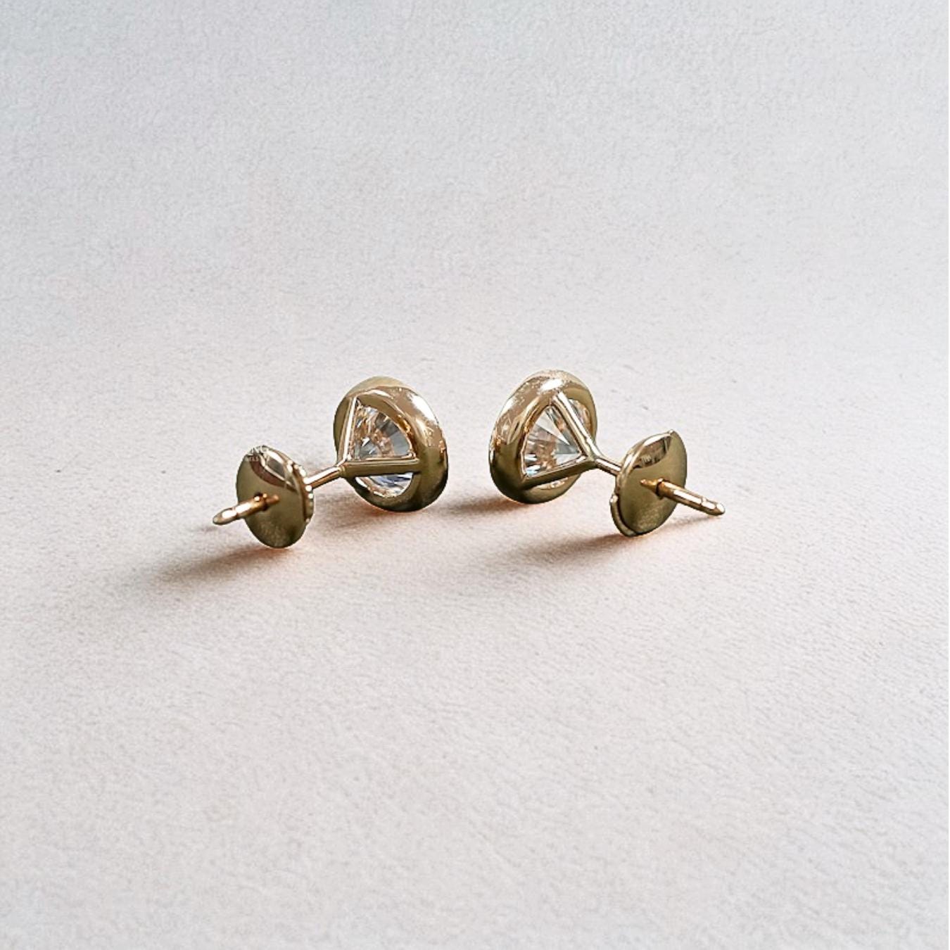 Round Cut Lab Diamond Stud Earrings / 14K Yellow Gold Bezel Set Women's Earrings