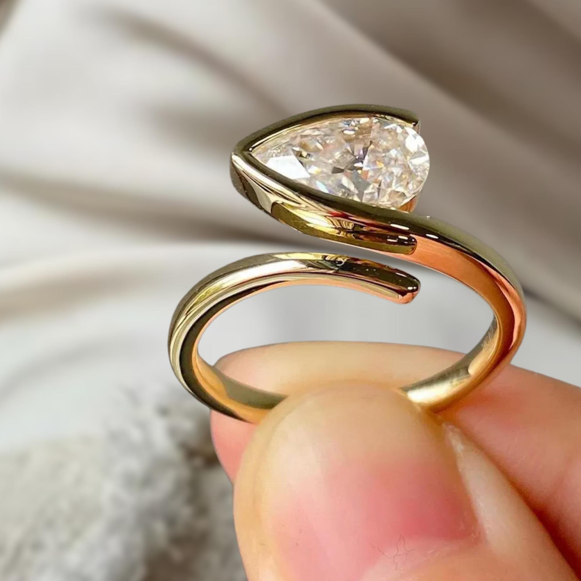 2.0 Ct East West Pear Cut Lab Grown Engagement Ring, 14K Gold Half Bezel Set Ring with Curved Antique Band