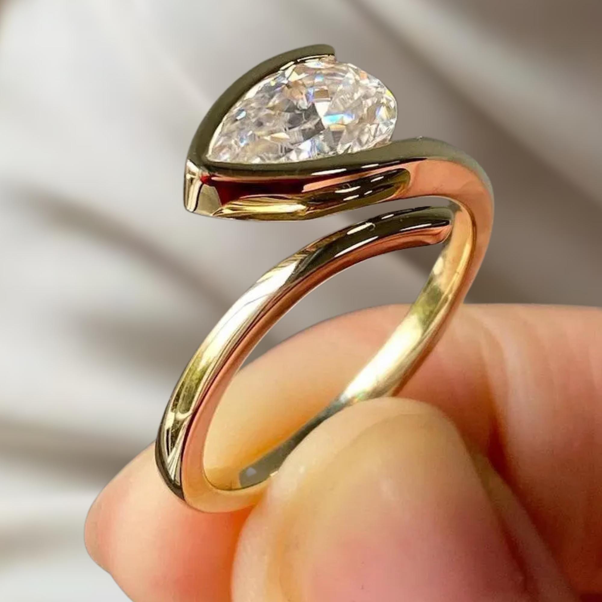 2.0 Ct East West Pear Cut Lab Grown Engagement Ring, 14K Gold Half Bezel Set Ring with Curved Antique Band