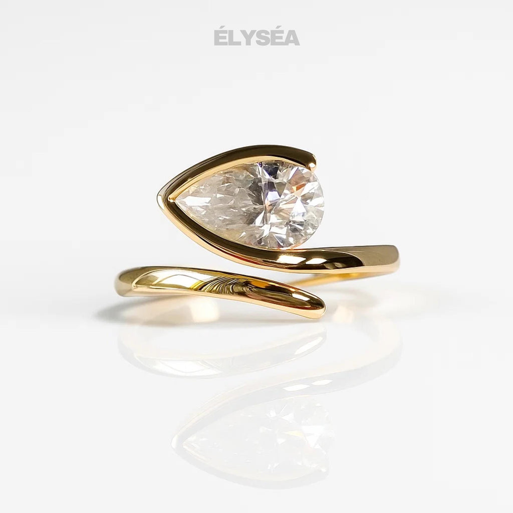 2.0 Ct East West Pear Cut Lab Grown Engagement Ring, 14K Gold Half Bezel Set Ring with Curved Antique Band