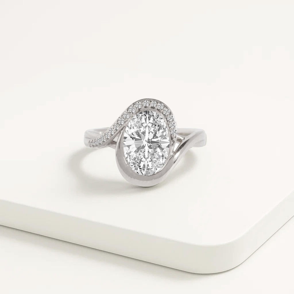 2 Carat Oval Lab Grown Diamond Curved Oval Wave Halo Engagement Ring | 14K Gold Nesting Diamond Proposal Ring