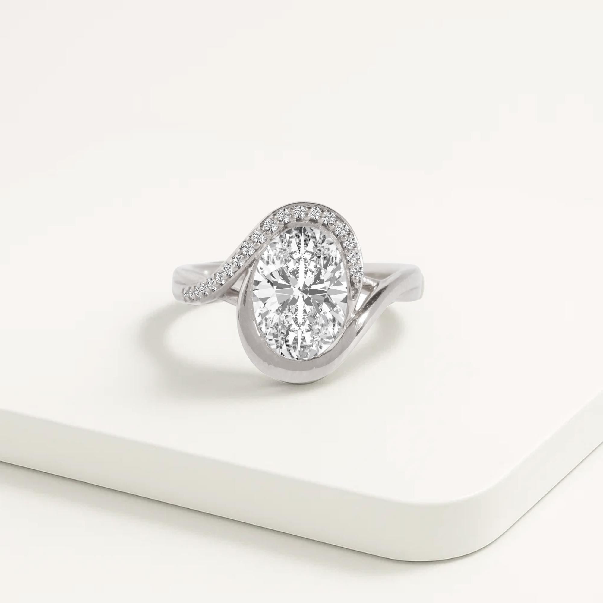 2 Carat Oval Lab Grown Diamond Curved Oval Wave Halo Engagement Ring | 14K Gold Nesting Diamond Proposal Ring