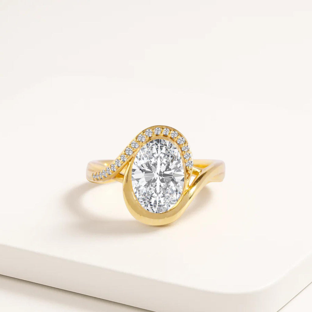 2 Carat Oval Lab Grown Diamond Curved Oval Wave Halo Engagement Ring | 14K Gold Nesting Diamond Proposal Ring
