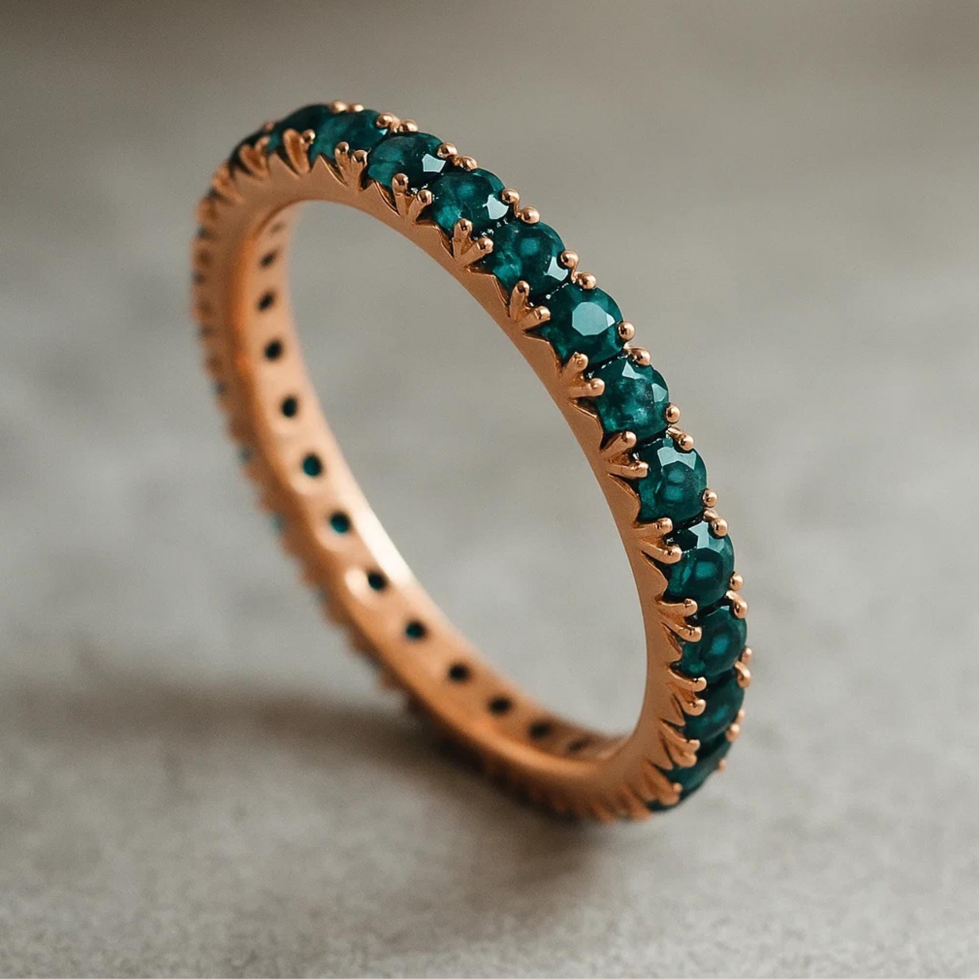 Dainty Teal Blue Sapphire Eternity Ring, 14K Gold Eternity Band Minimalist Wedding Band