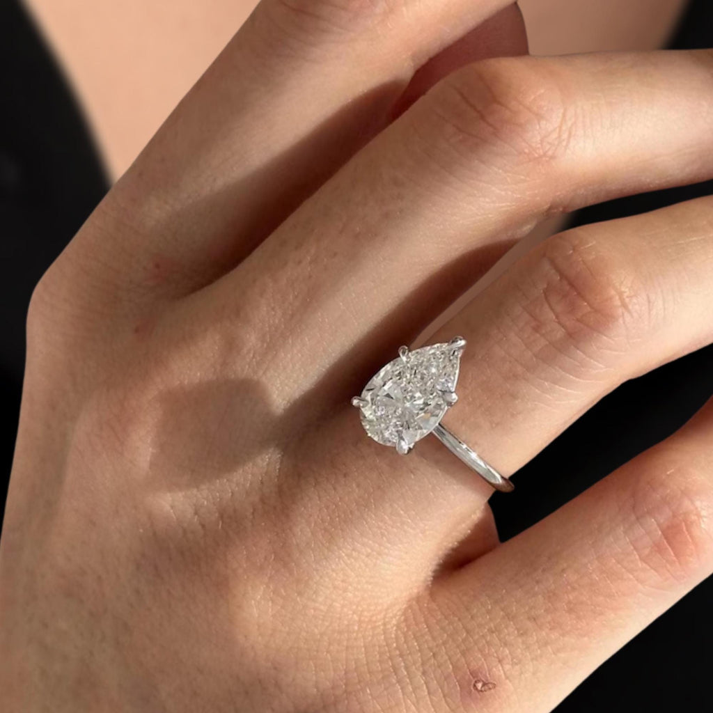 3 Carat Pear Cut Lab Grown Diamond Engagement Ring / 5 Prong Tear Shape Diamond Solitaire Ring in 14K Gold
