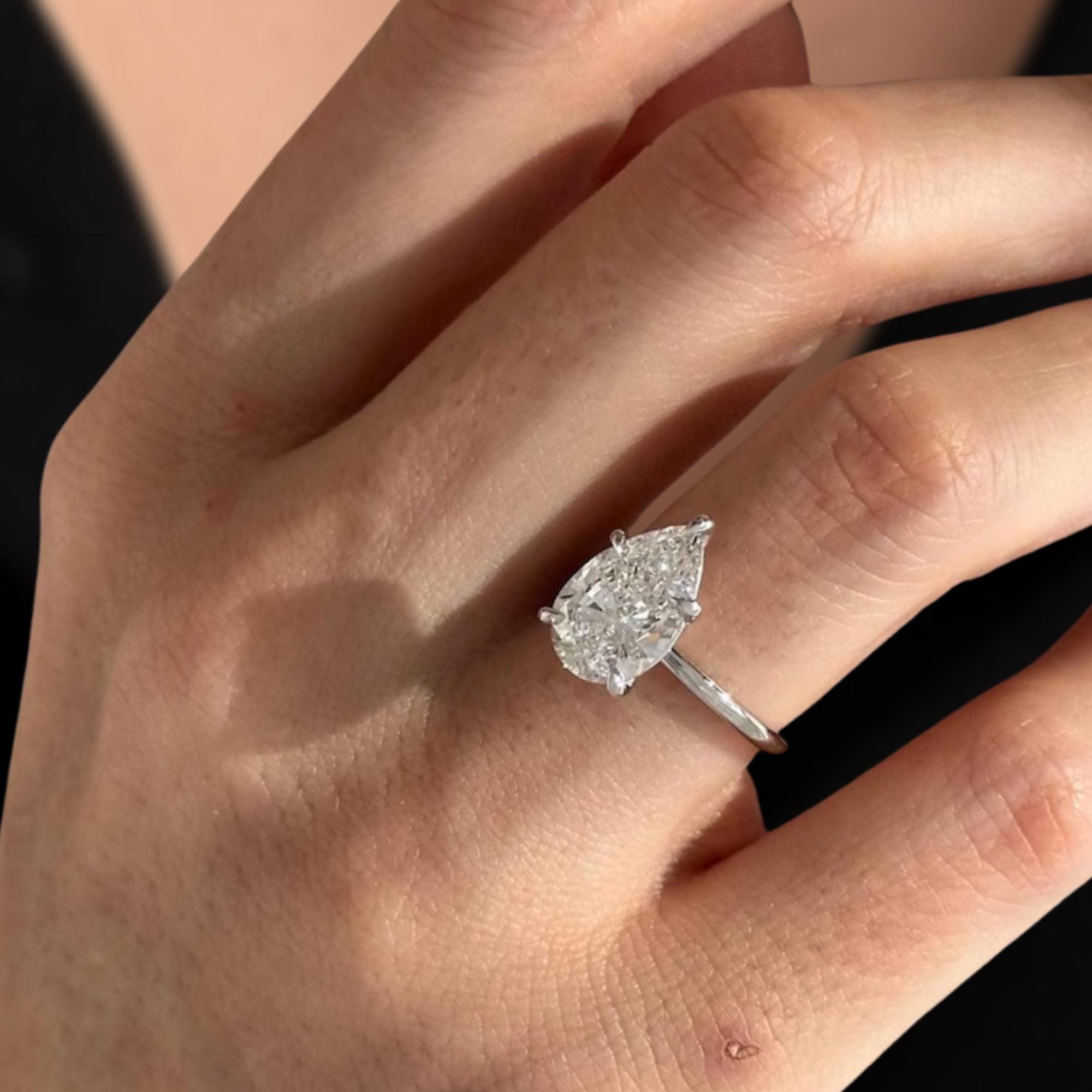 3 Carat Pear Cut Lab Grown Diamond Engagement Ring / 5 Prong Tear Shape Diamond Solitaire Ring in 14K Gold