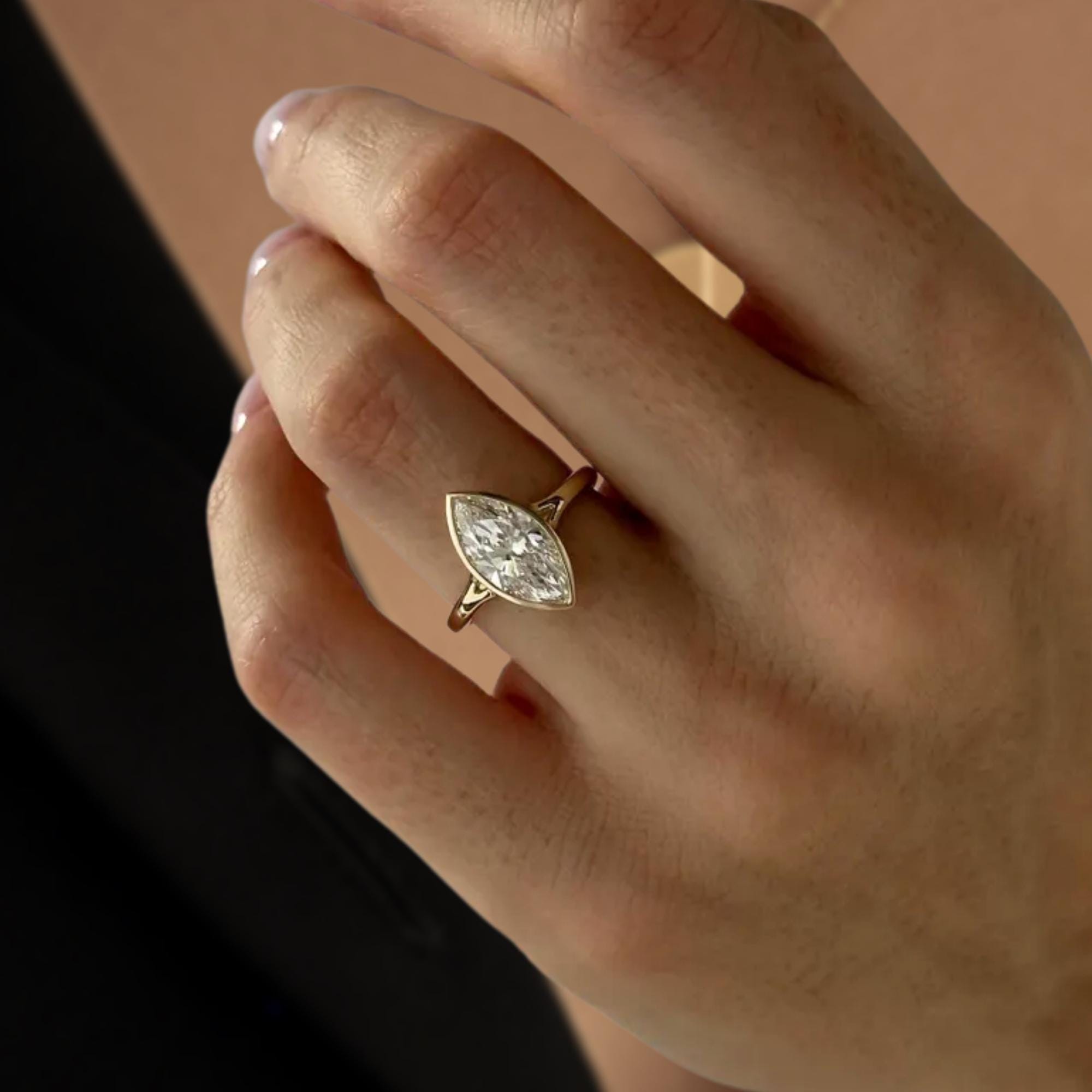 2 Carat Marquise Lab Created Diamond Bezel Set Ring / 14K Gold Split Shank Engagement Ring