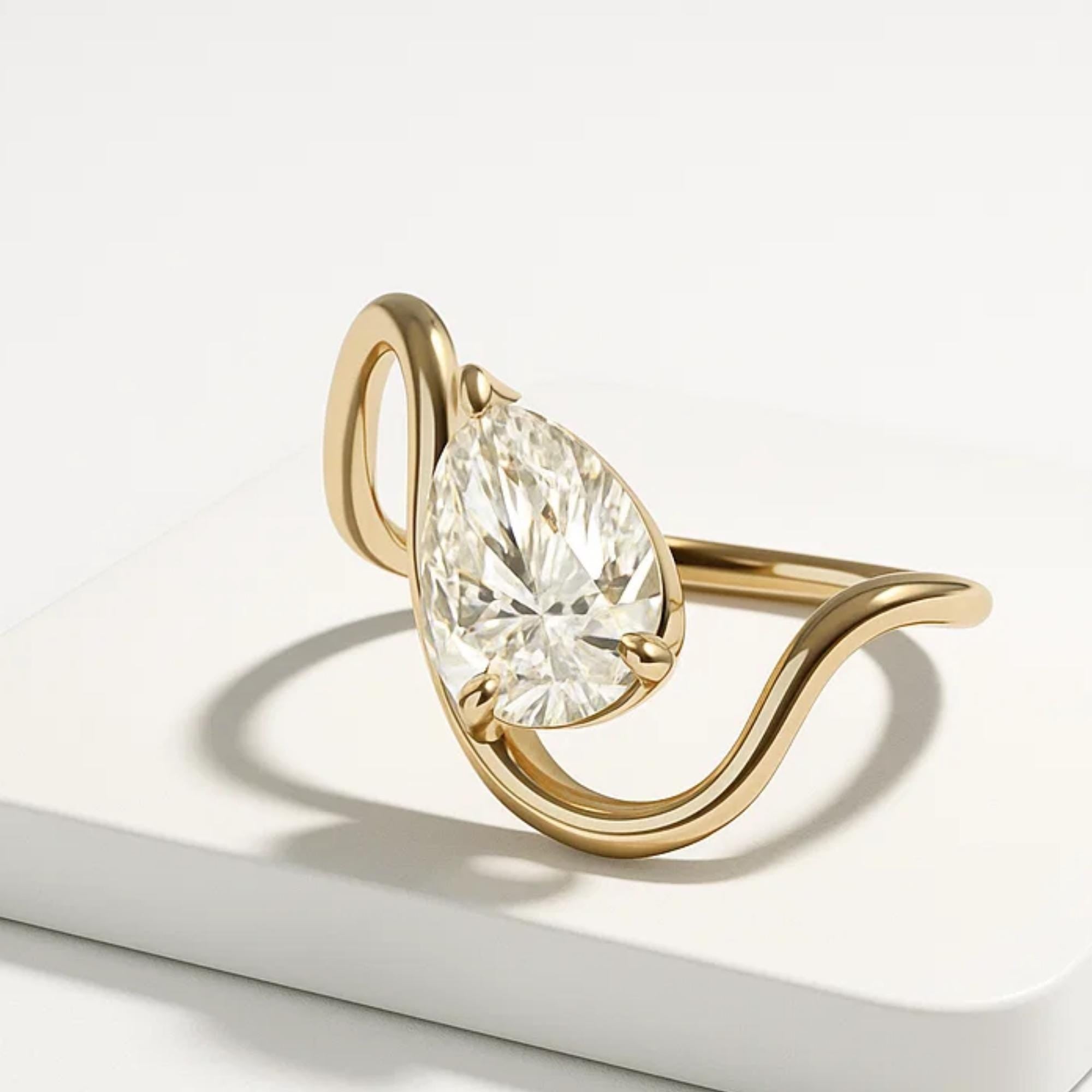 1.50 ctw 14K Gold Pear Shaped Engagement Ring with Lab Grown Diamond, Unique Modern Solitaire Ring