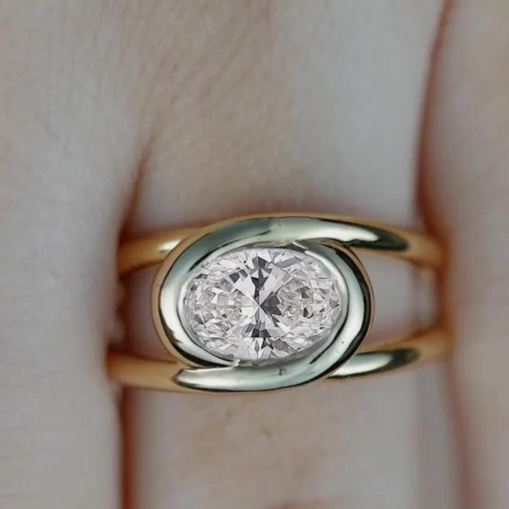 Oval Lab Grown Diamond Bezel Set Solitaire Ring / 14K Gold Unique Oval Diamond Ring