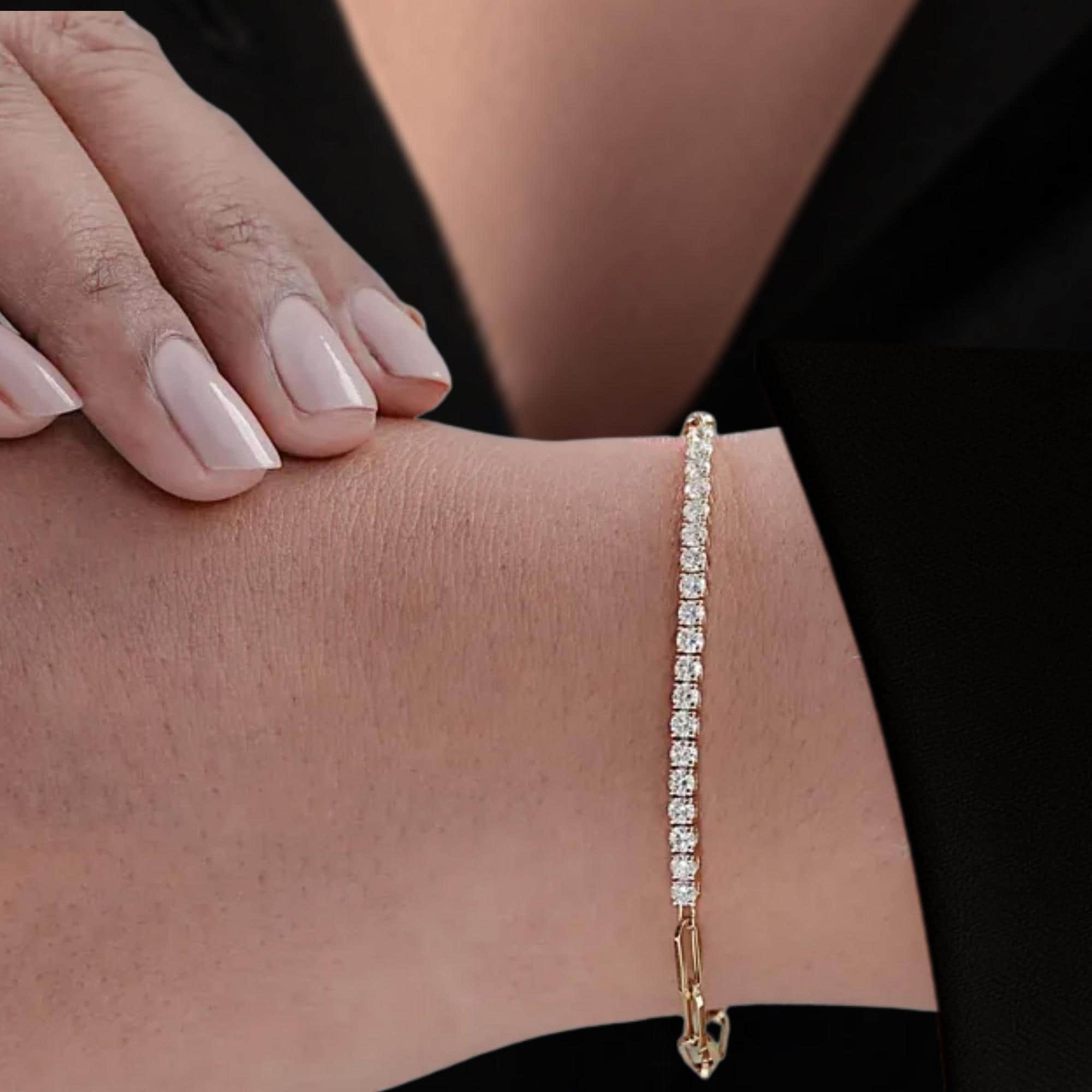 Half Tennis Half Paperclip Bracelet, 14K Gold Lab Grown Diamond Tennis Bracelet