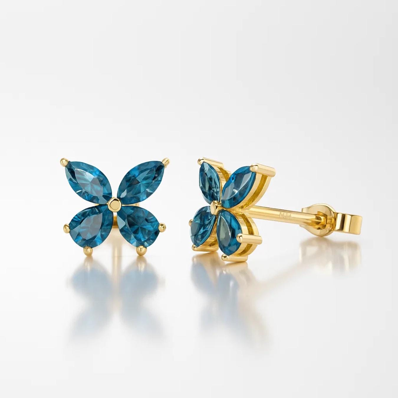 London Blue Topaz Butterfly Earrings, 14K Gold 1.75 ctw Marquise & Pear Shape Dainty Birthstone Earrings