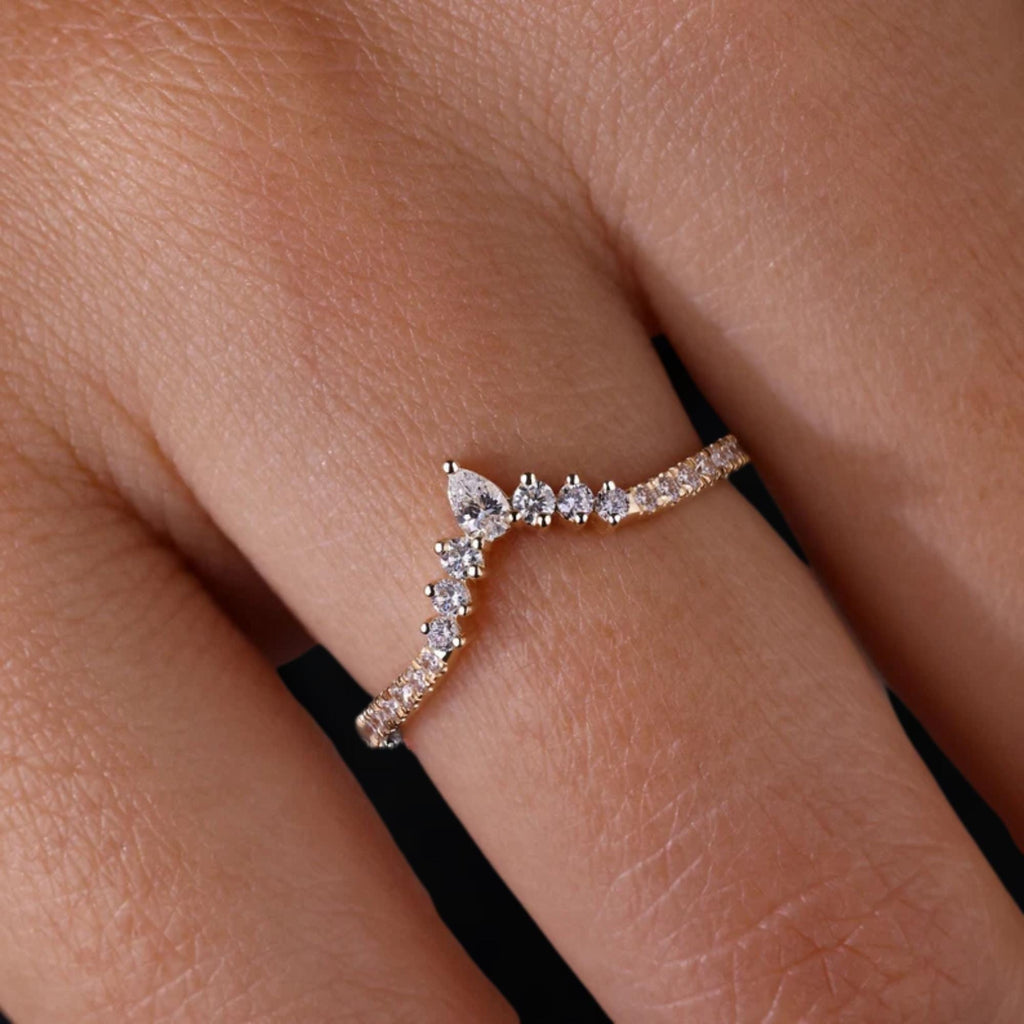 14K Gold Dainty Diamond Wedding Band Lab Grown Diamond Curvy Half Eternity Band