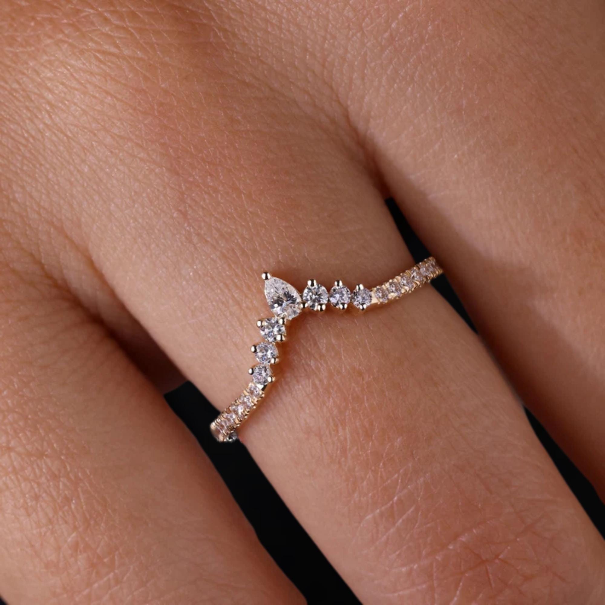 14K Gold Dainty Diamond Wedding Band Lab Grown Diamond Curvy Half Eternity Band
