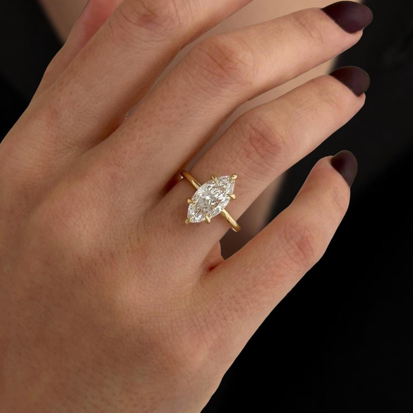 14K Gold Marquise Cut Ring with Lab Grown Diamond, Modern Solitaire Engagement Ring