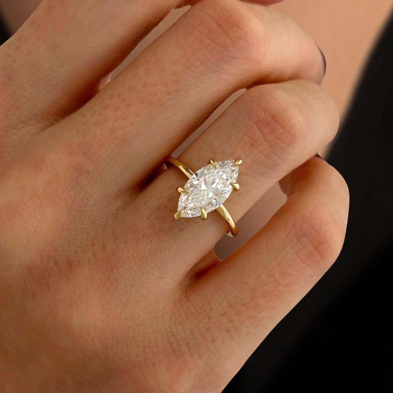 14K Gold Marquise Cut Ring with Lab Grown Diamond, Modern Solitaire Engagement Ring