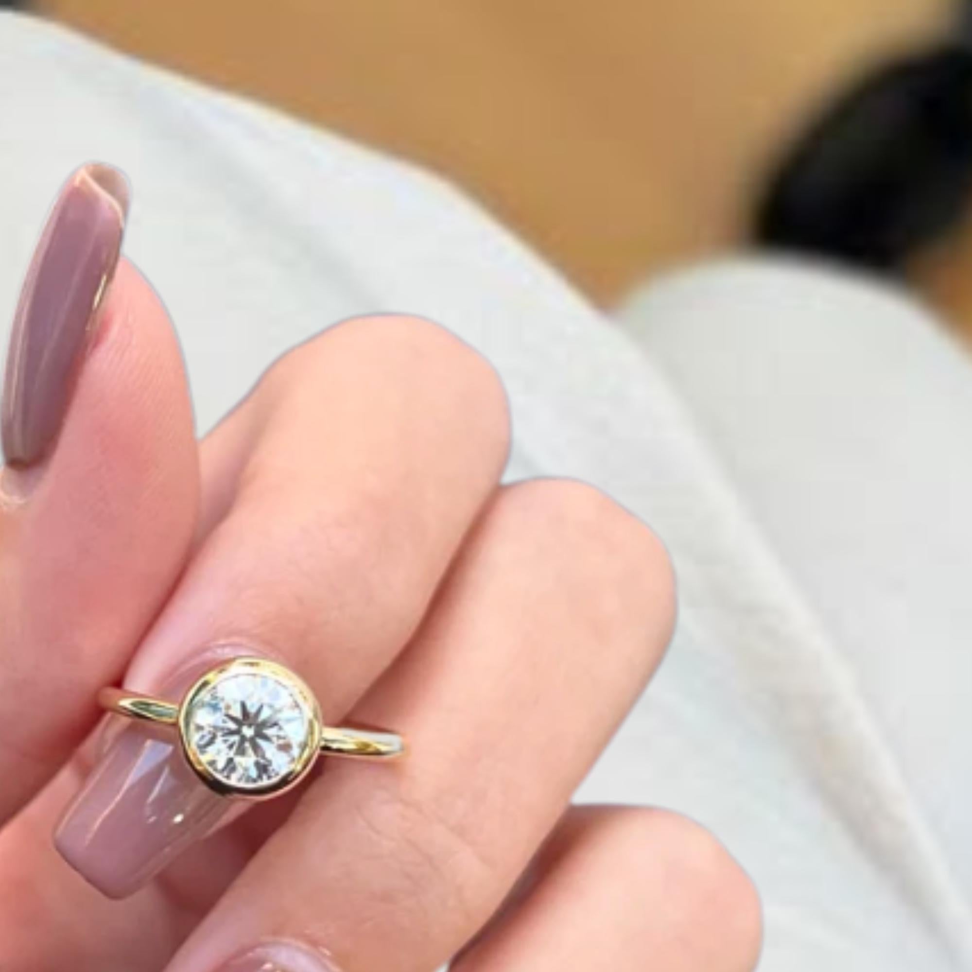 1 Carat 14K Gold Bezel Setting Round Shape Lab Grown Diamond Engagement Ring, Dainty Wedding Ring