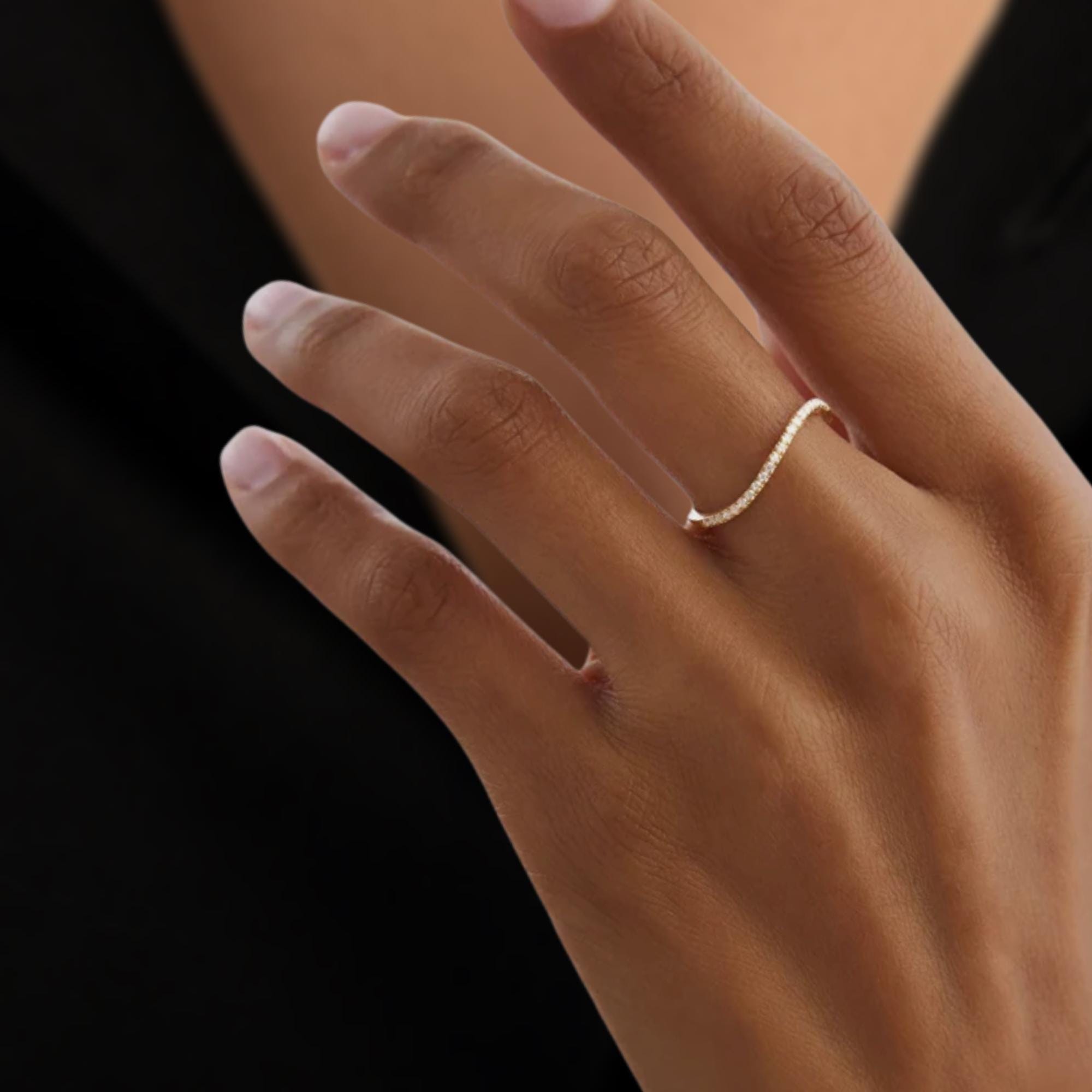 14K Solid Gold Lab Grown Diamond Wedding Band, Minimalist Curve Half Eternity Ring