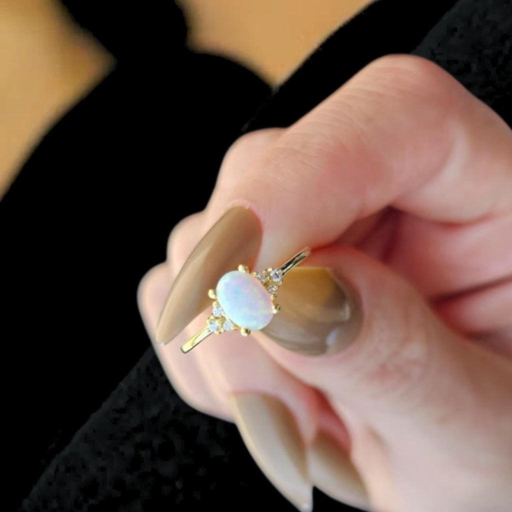 14K Gold Oval Opal Solitaire Diamond Ring, Dainty Engagement Ring For Women,October Birthstone