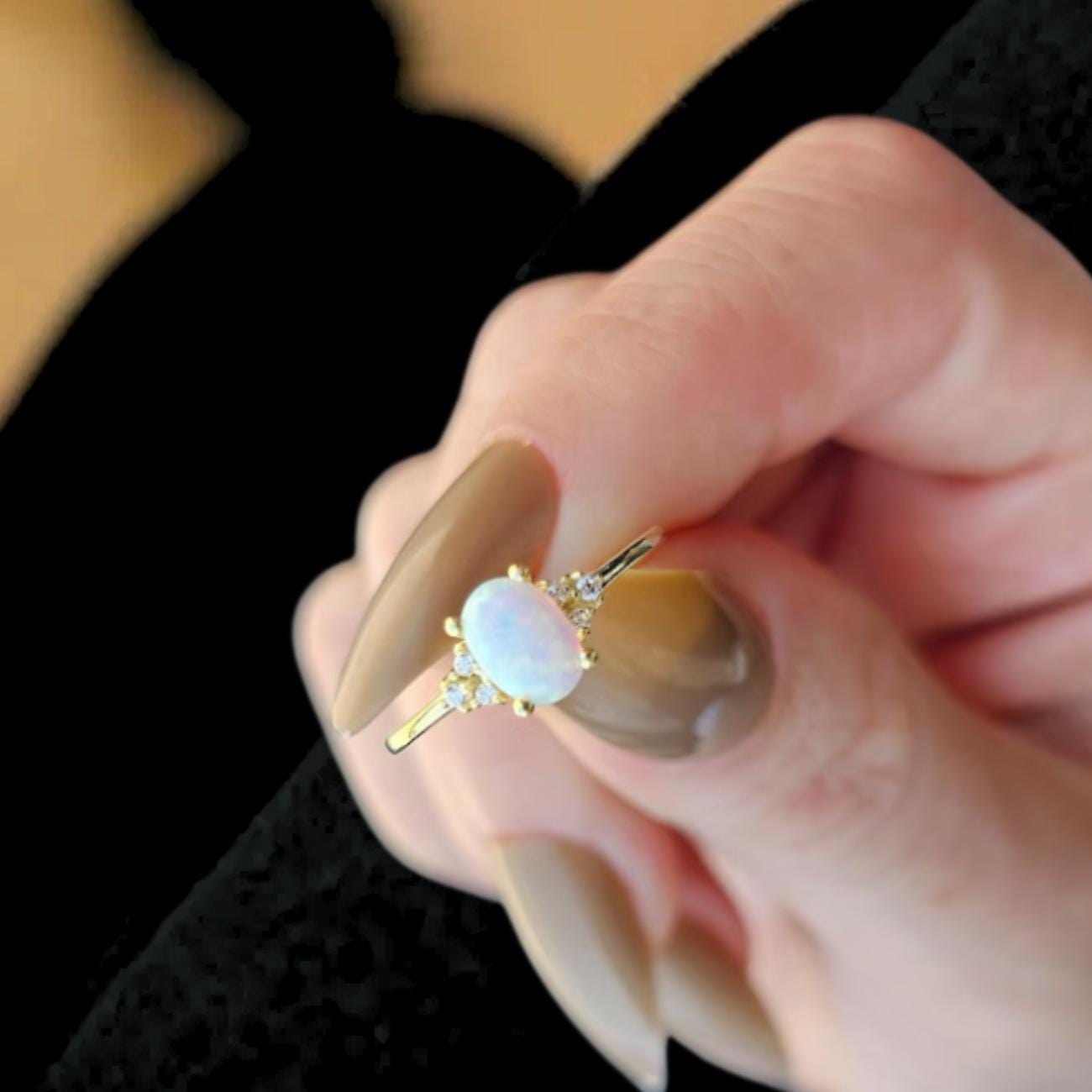14K Gold Oval Opal Solitaire Diamond Ring, Dainty Engagement Ring For Women,October Birthstone